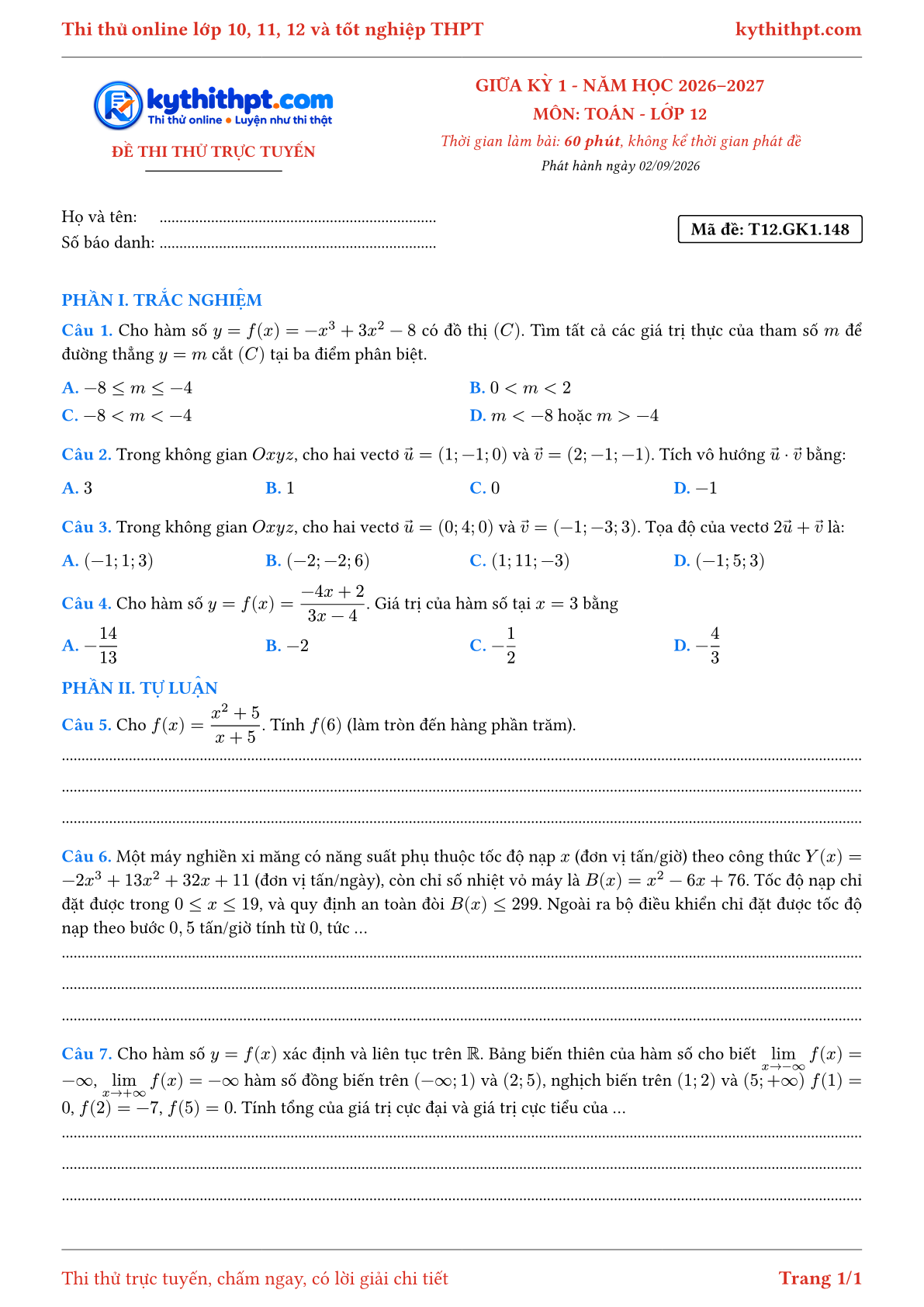 Trang đầu Đề thi thử online giữa kỳ 1 môn Toán lớp 12 - trắc nghiệm + tự luận nâng cao - đề 148