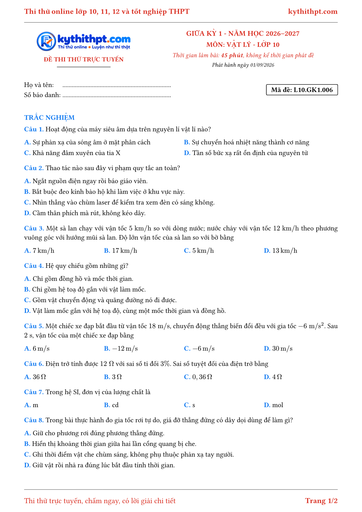 Trang đầu Đề thi thử online giữa kỳ 1 môn Vật lý lớp 10 - full trắc nghiệm - đề 006