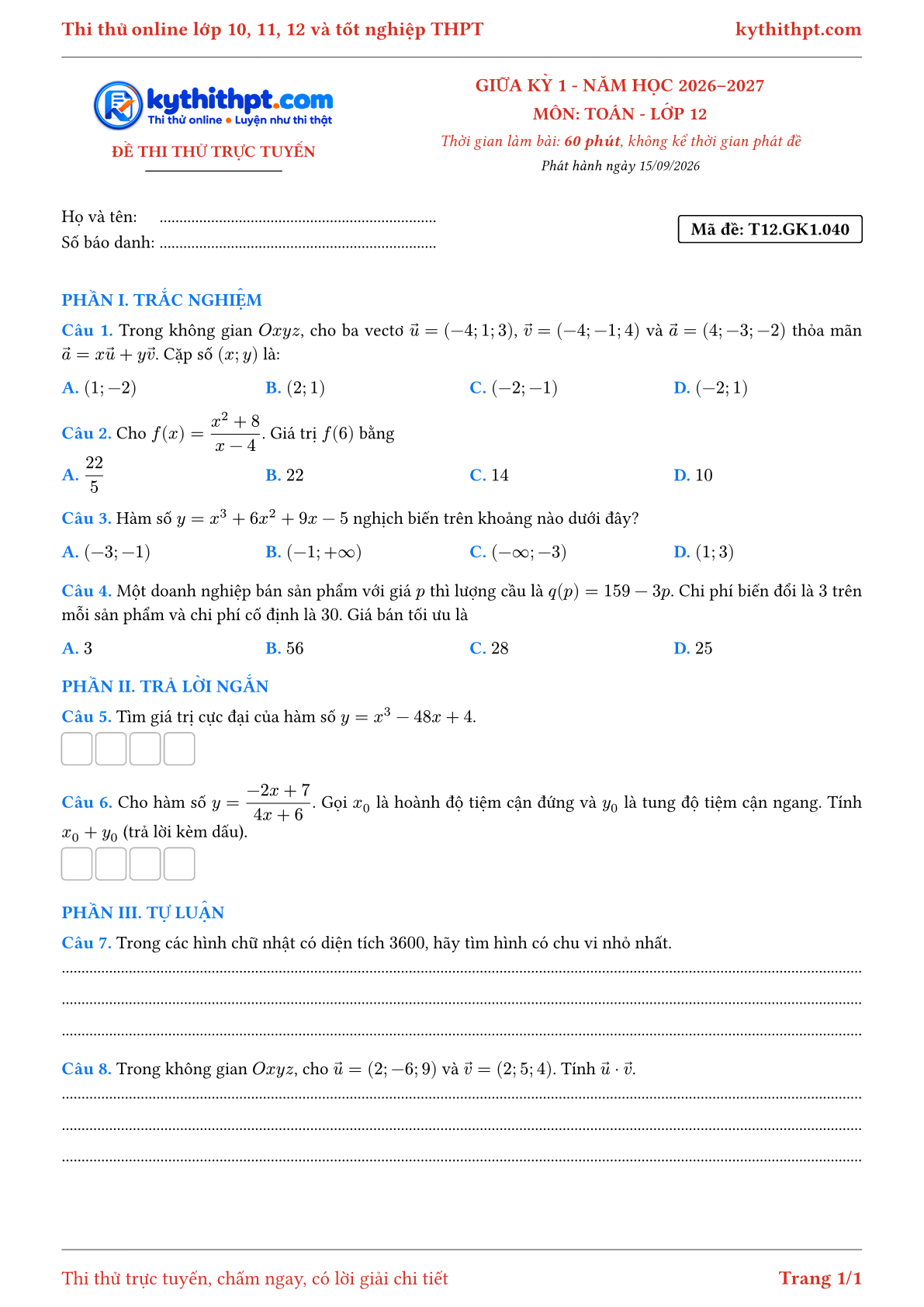 Trang đầu Đề thi thử online giữa kỳ 1 môn Toán lớp 12 - trắc nghiệm + trả lời ngắn + tự luận - đề 040