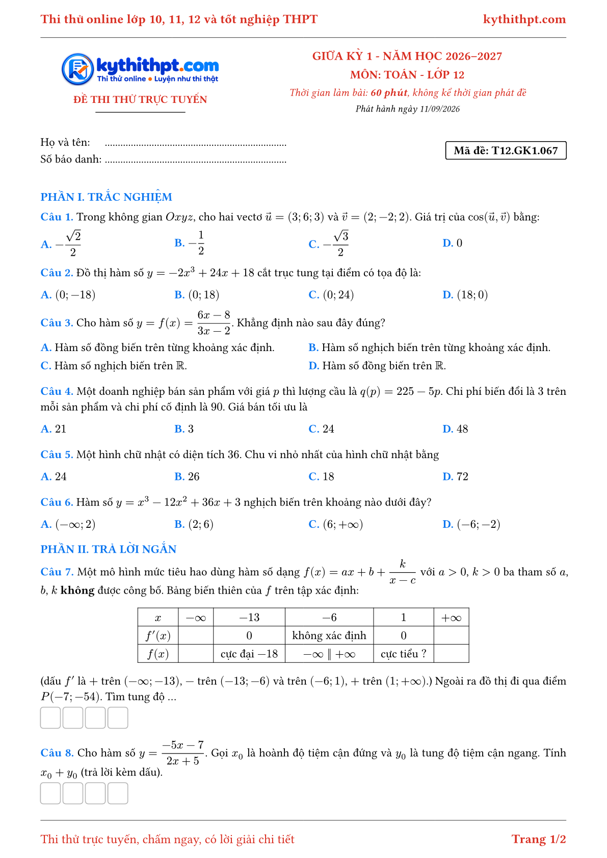Trang đầu Đề thi thử online giữa kỳ 1 môn Toán lớp 12 - trắc nghiệm + trả lời ngắn - đề 067
