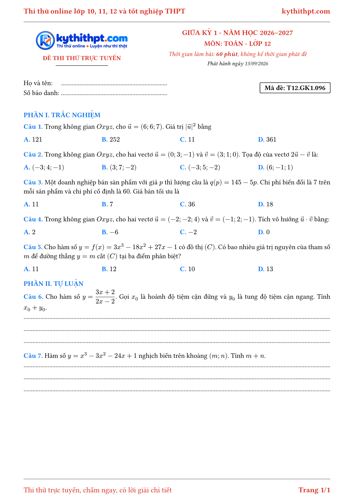Trang đầu Đề thi thử online giữa kỳ 1 môn Toán lớp 12 - trắc nghiệm + tự luận - đề 096