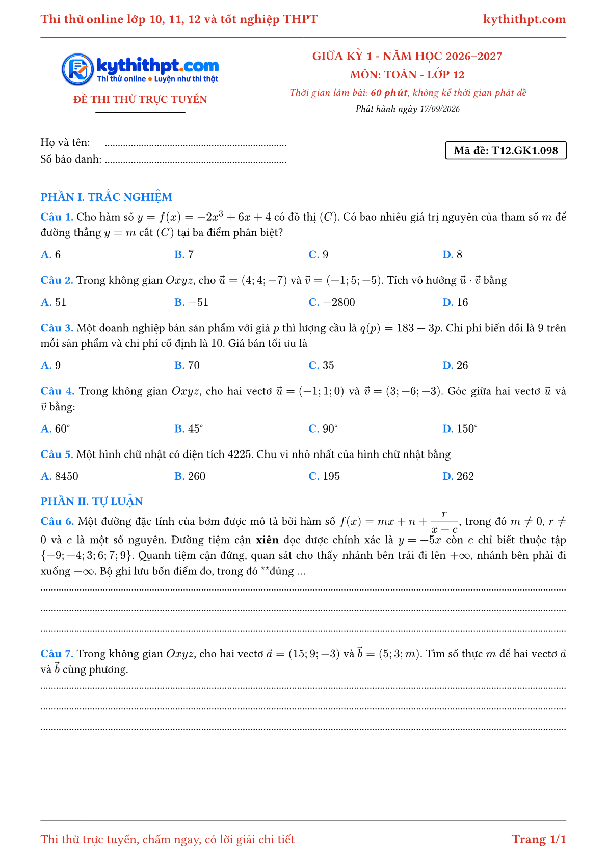 Trang đầu Đề thi thử online giữa kỳ 1 môn Toán lớp 12 - trắc nghiệm + tự luận - đề 098