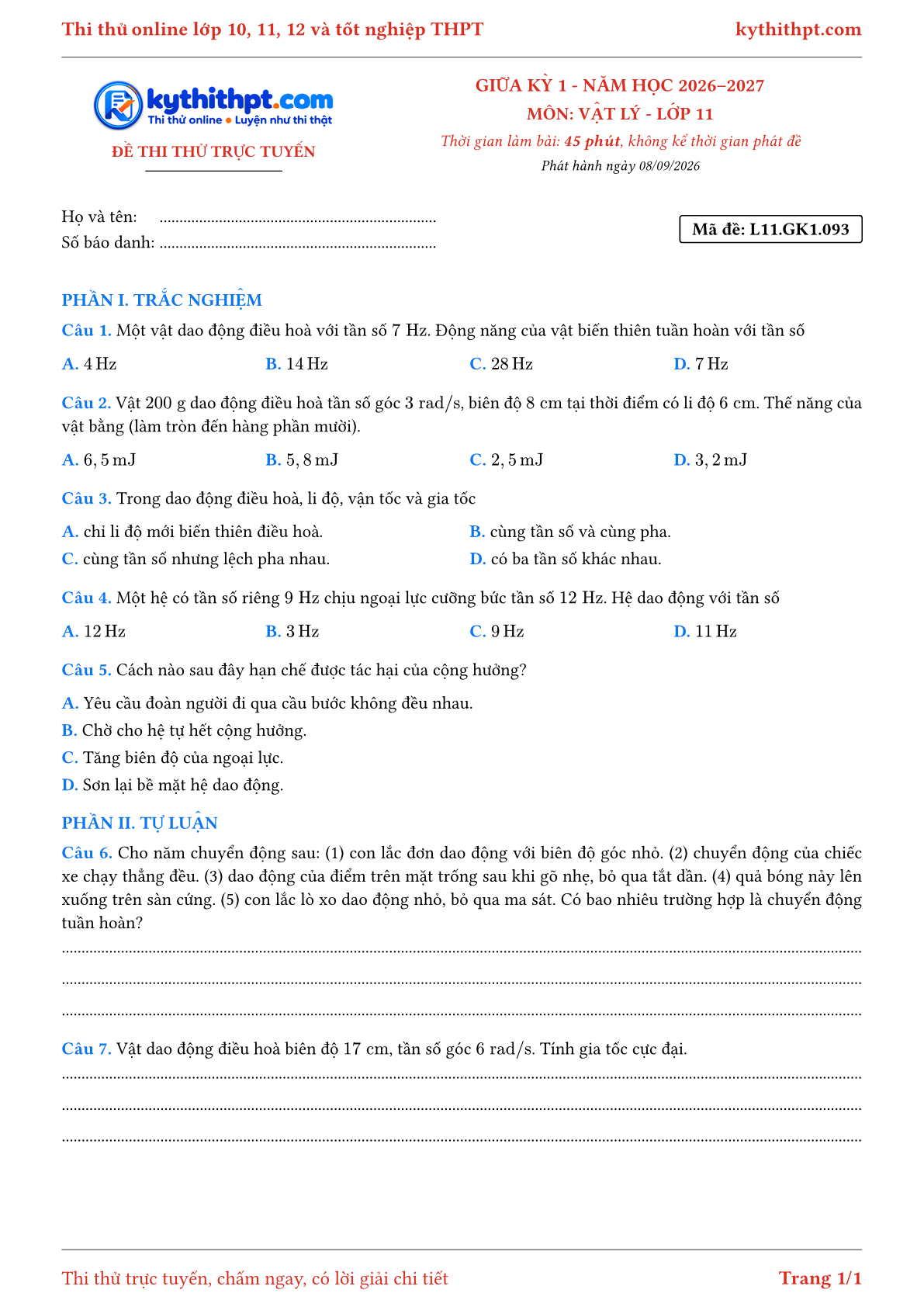 Trang đầu Đề thi thử online giữa kỳ 1 môn Vật lý lớp 11 - trắc nghiệm + tự luận - đề 093