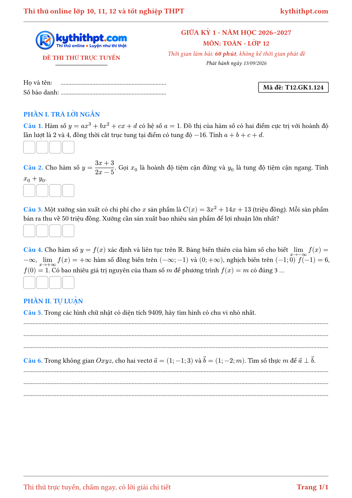 Trang đầu Đề thi thử online giữa kỳ 1 môn Toán lớp 12 - trả lời ngắn + tự luận - đề 124