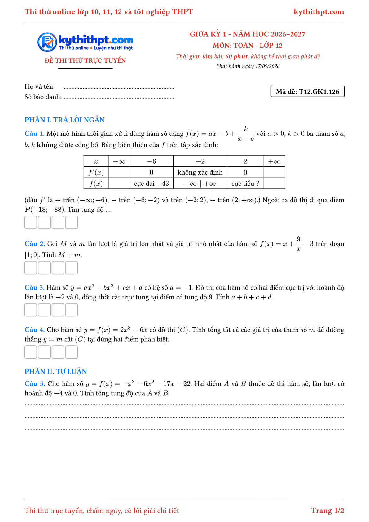 Trang đầu Đề thi thử online giữa kỳ 1 môn Toán lớp 12 - trả lời ngắn + tự luận - đề 126