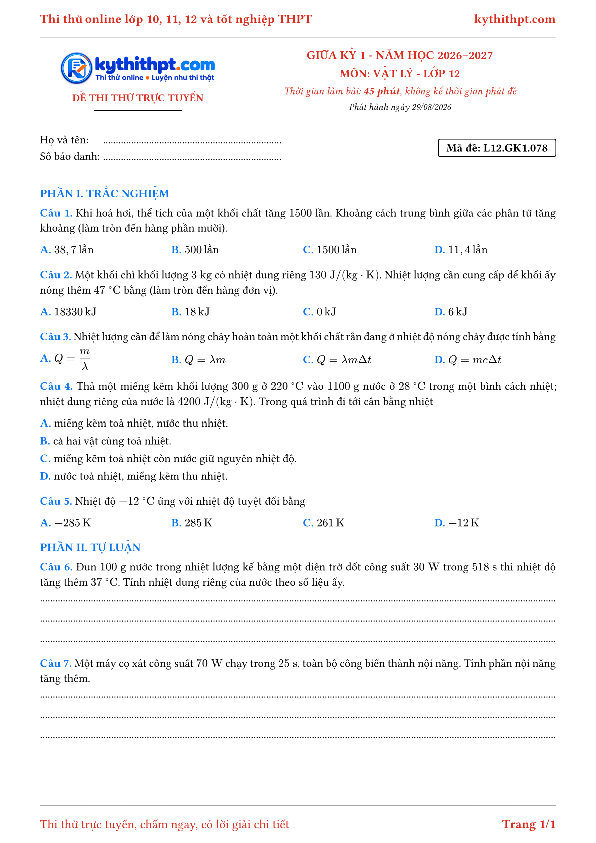 Trang đầu Đề thi thử online giữa kỳ 1 môn Vật lý lớp 12 - trắc nghiệm + tự luận - đề 078