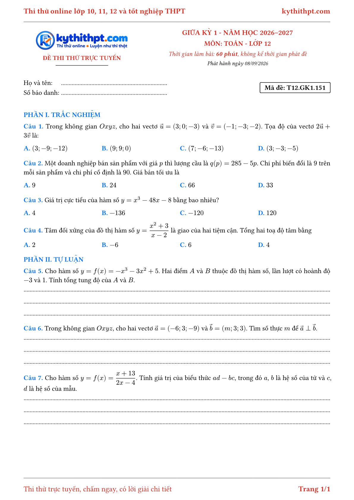 Trang đầu Đề thi thử online giữa kỳ 1 môn Toán lớp 12 - trắc nghiệm + tự luận nâng cao - đề 151