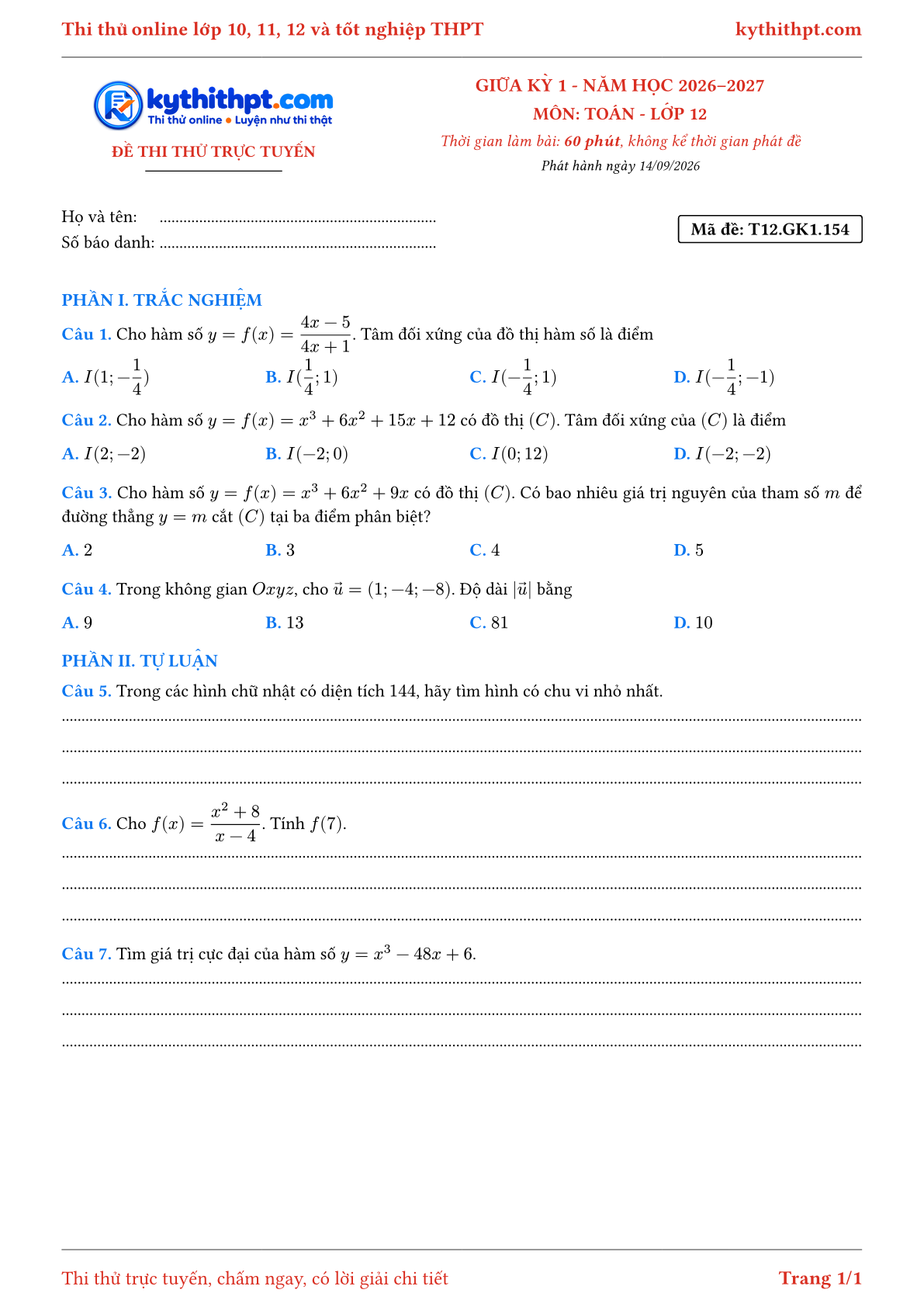 Trang đầu Đề thi thử online giữa kỳ 1 môn Toán lớp 12 - trắc nghiệm + tự luận nâng cao - đề 154