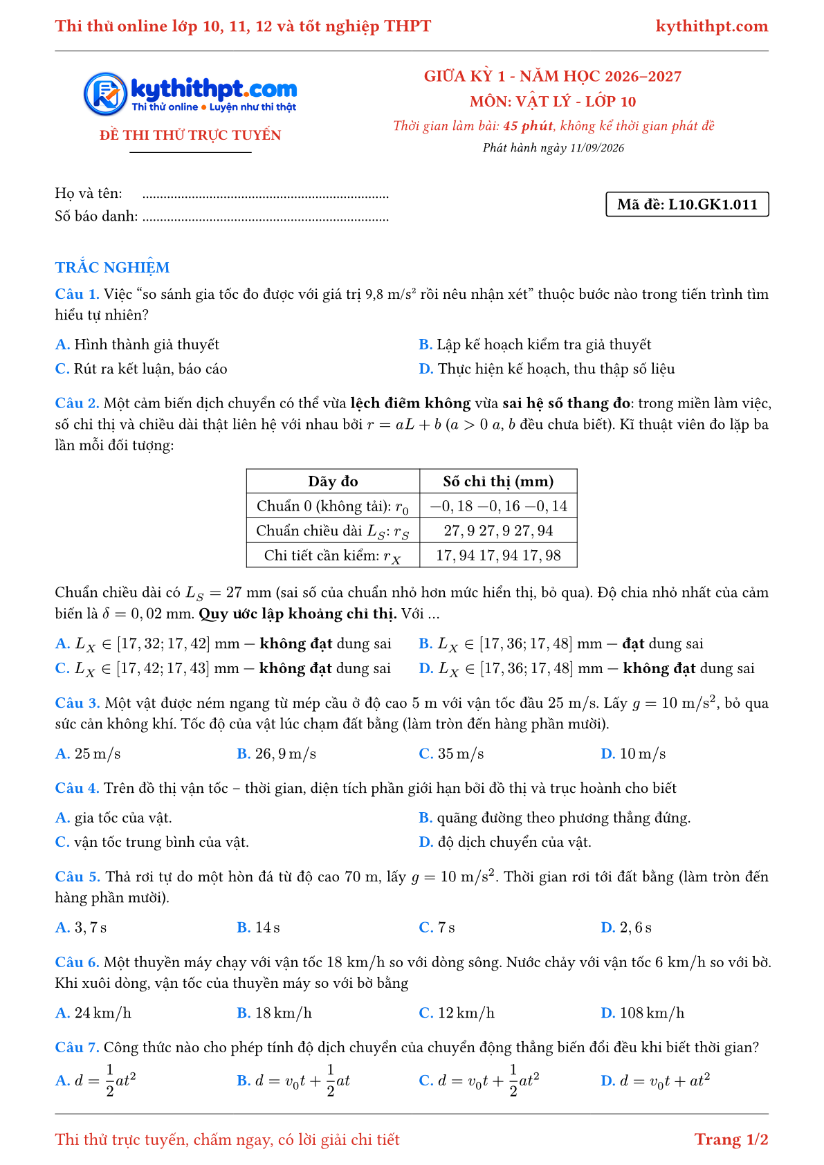 Trang đầu Đề thi thử online giữa kỳ 1 môn Vật lý lớp 10 - full trắc nghiệm - đề 011