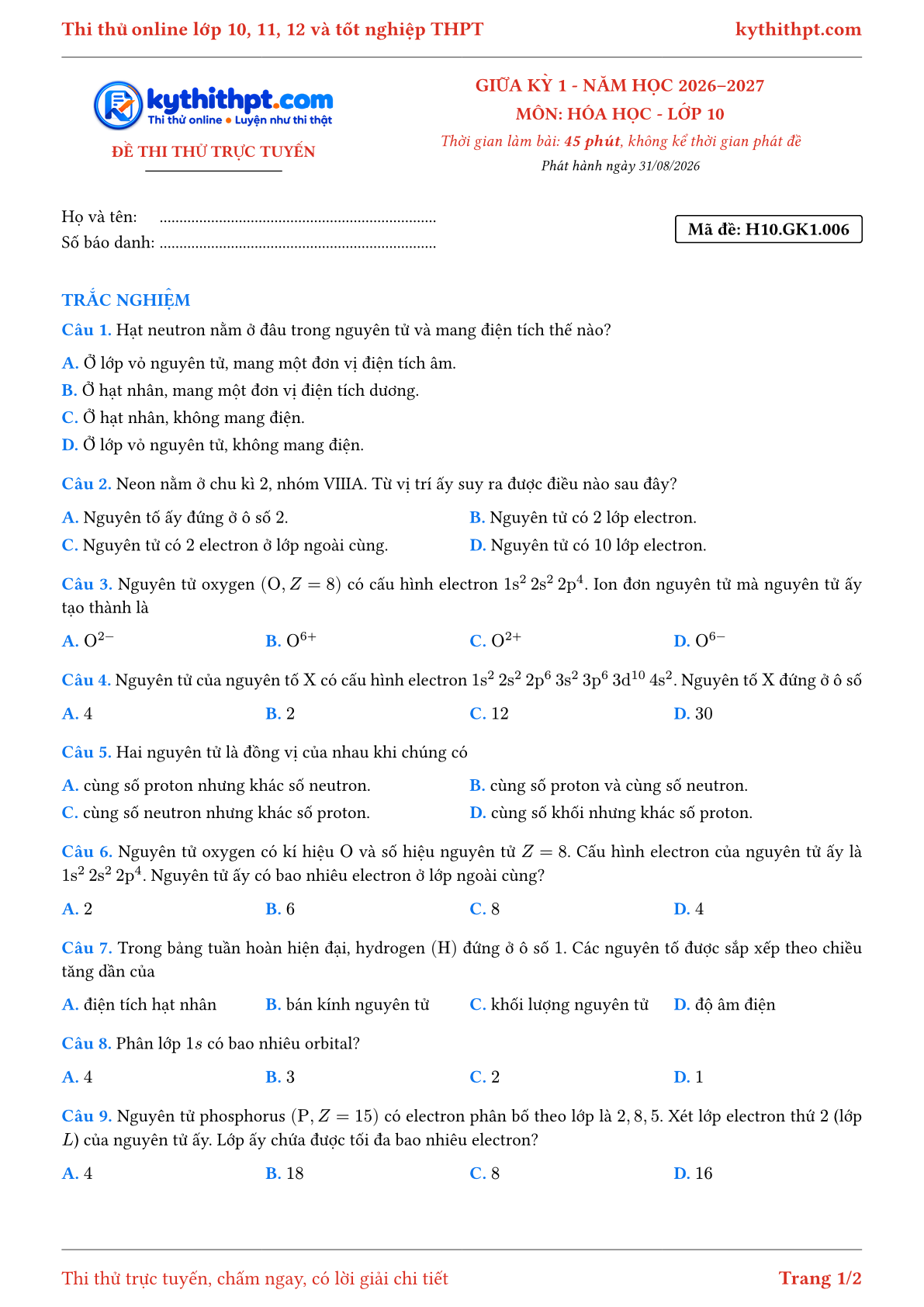 Trang đầu Đề thi thử online giữa kỳ 1 môn Hóa học lớp 10 - full trắc nghiệm - đề 006