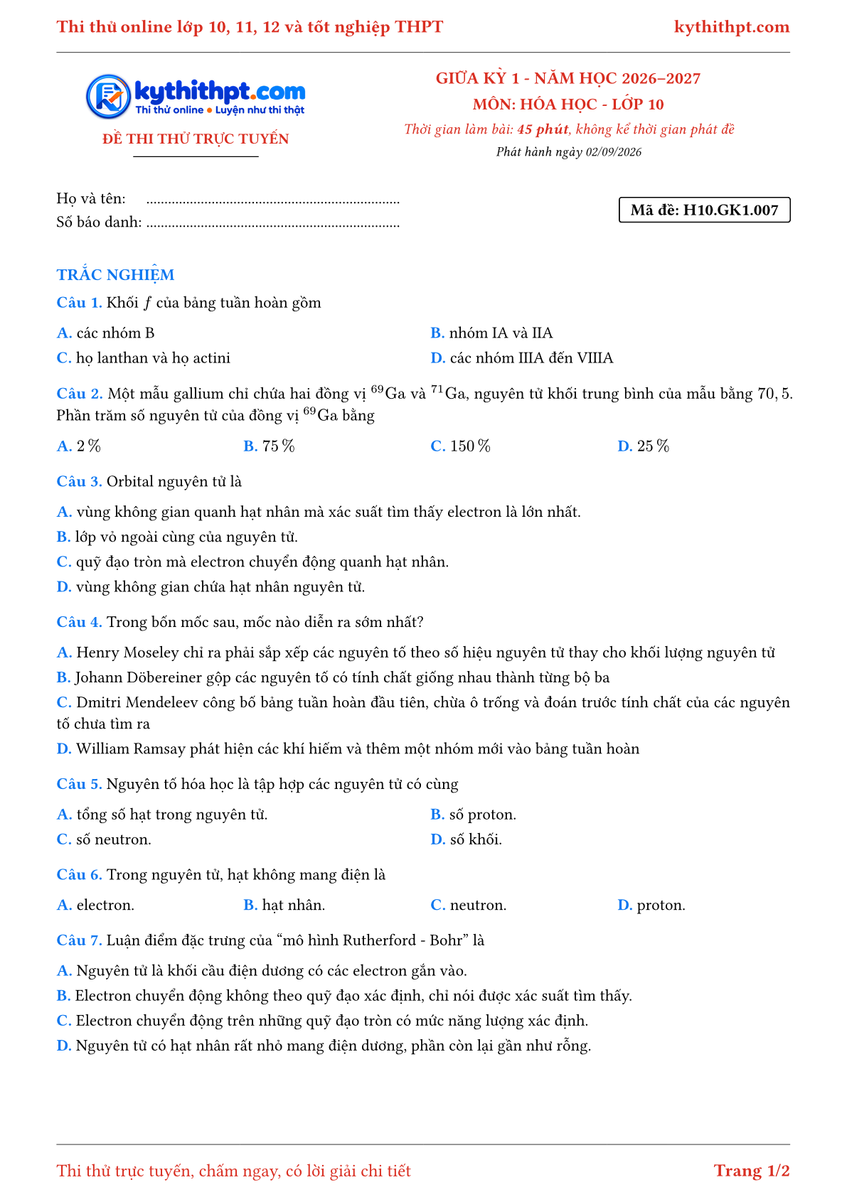 Trang đầu Đề thi thử online giữa kỳ 1 môn Hóa học lớp 10 - full trắc nghiệm - đề 007