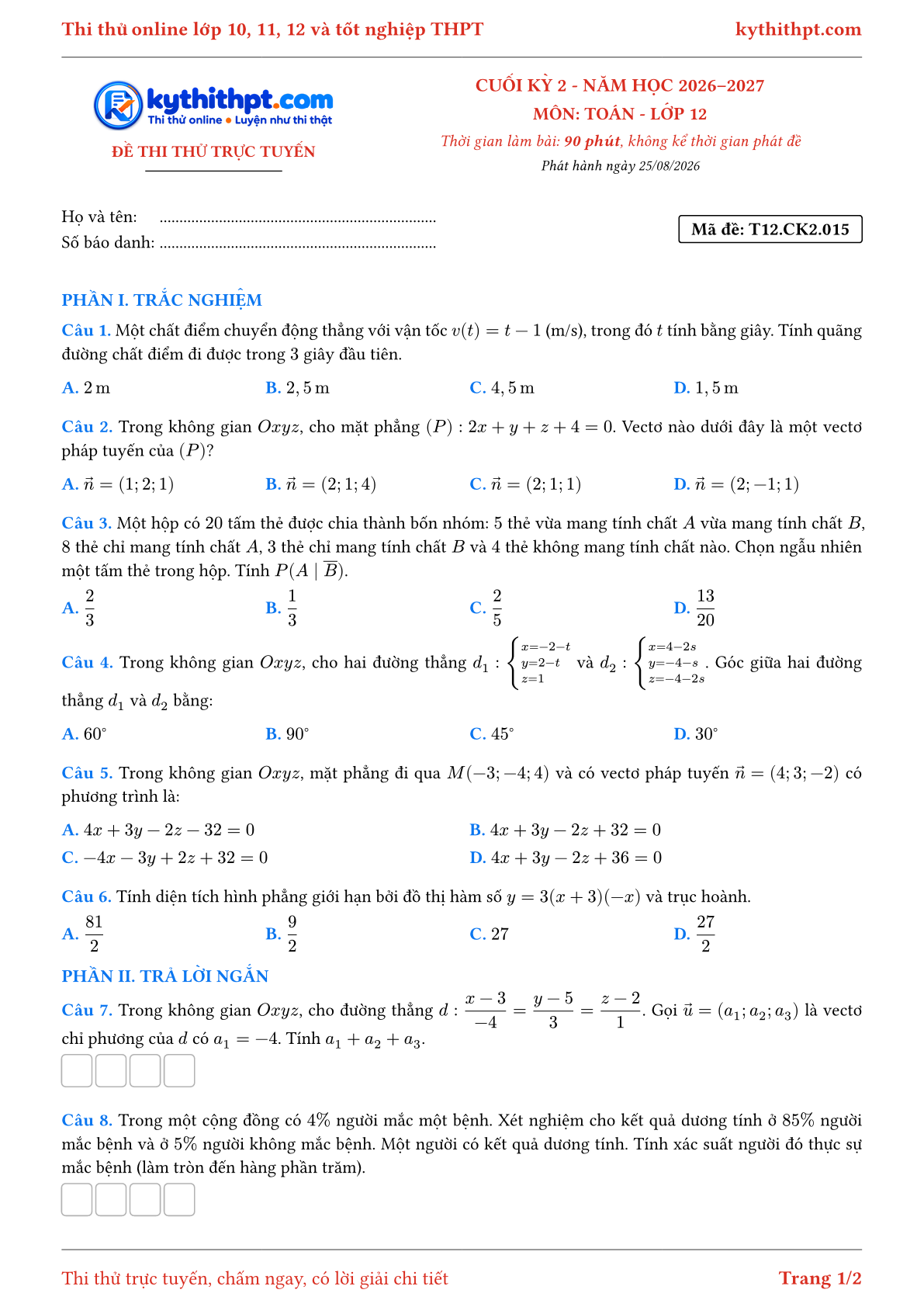 Trang đầu Đề thi thử online cuối kỳ 2 môn Toán lớp 12 - trắc nghiệm + trả lời ngắn - đề 015
