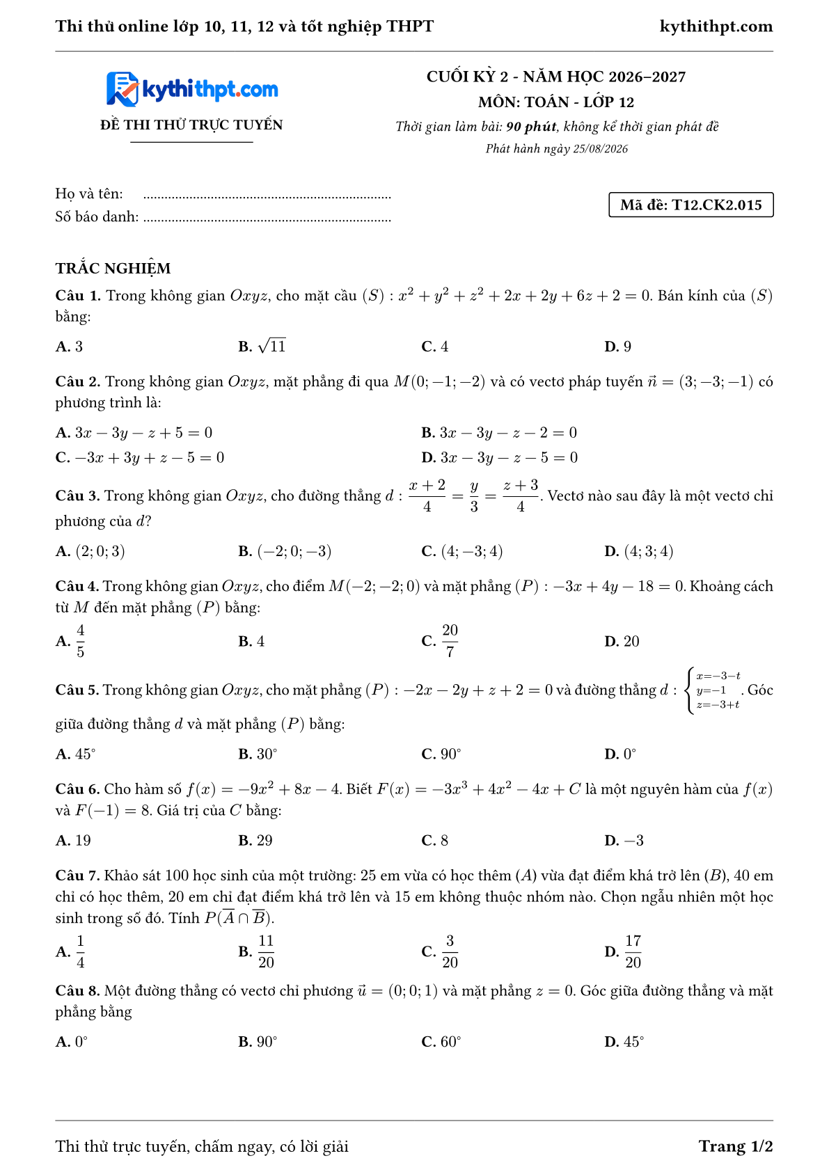 Trang đầu Đề thi thử online cuối kỳ 2 môn Toán lớp 12 - trắc nghiệm + đúng/sai + trả lời ngắn - đề 015
