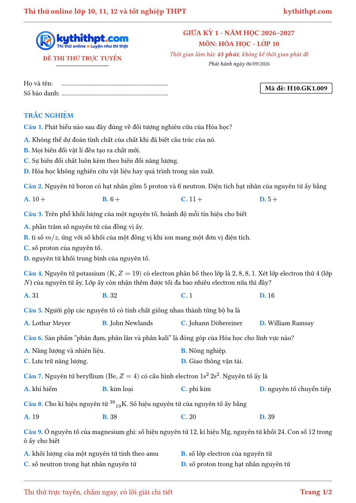 Trang đầu Đề thi thử online giữa kỳ 1 môn Hóa học lớp 10 - full trắc nghiệm - đề 009
