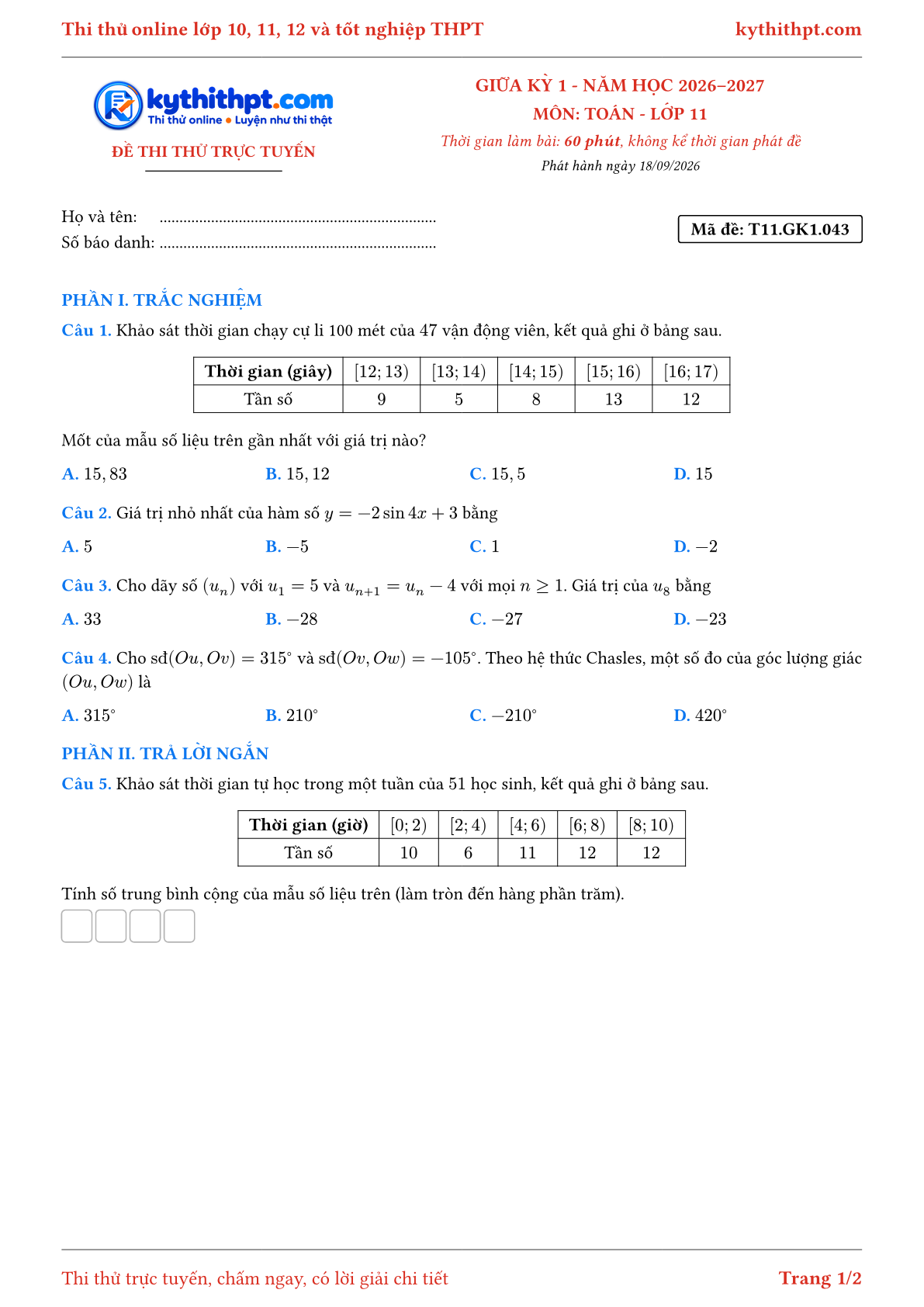 Trang đầu Đề thi thử online giữa kỳ 1 môn Toán lớp 11 - trắc nghiệm + trả lời ngắn + tự luận - đề 043