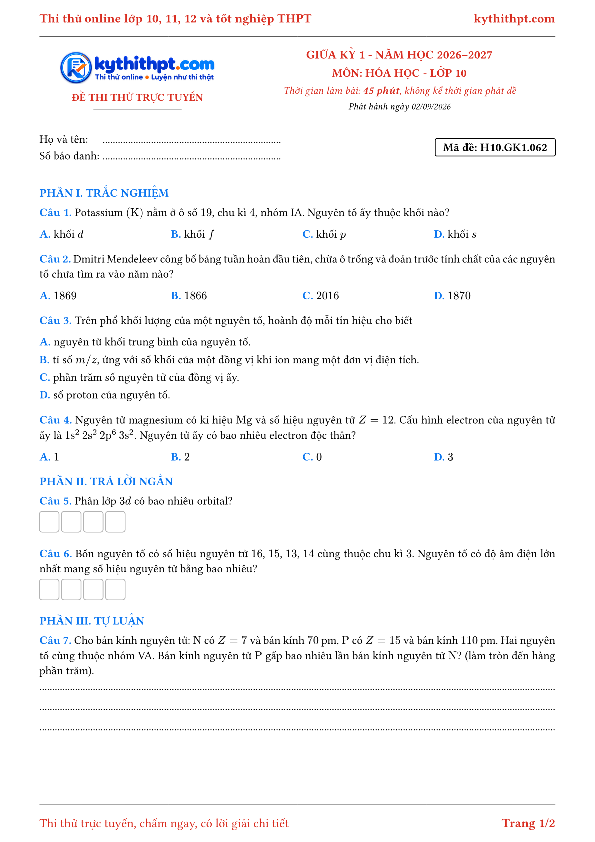 Trang đầu Đề thi thử online giữa kỳ 1 môn Hóa học lớp 10 - trắc nghiệm + trả lời ngắn + tự luận - đề 062