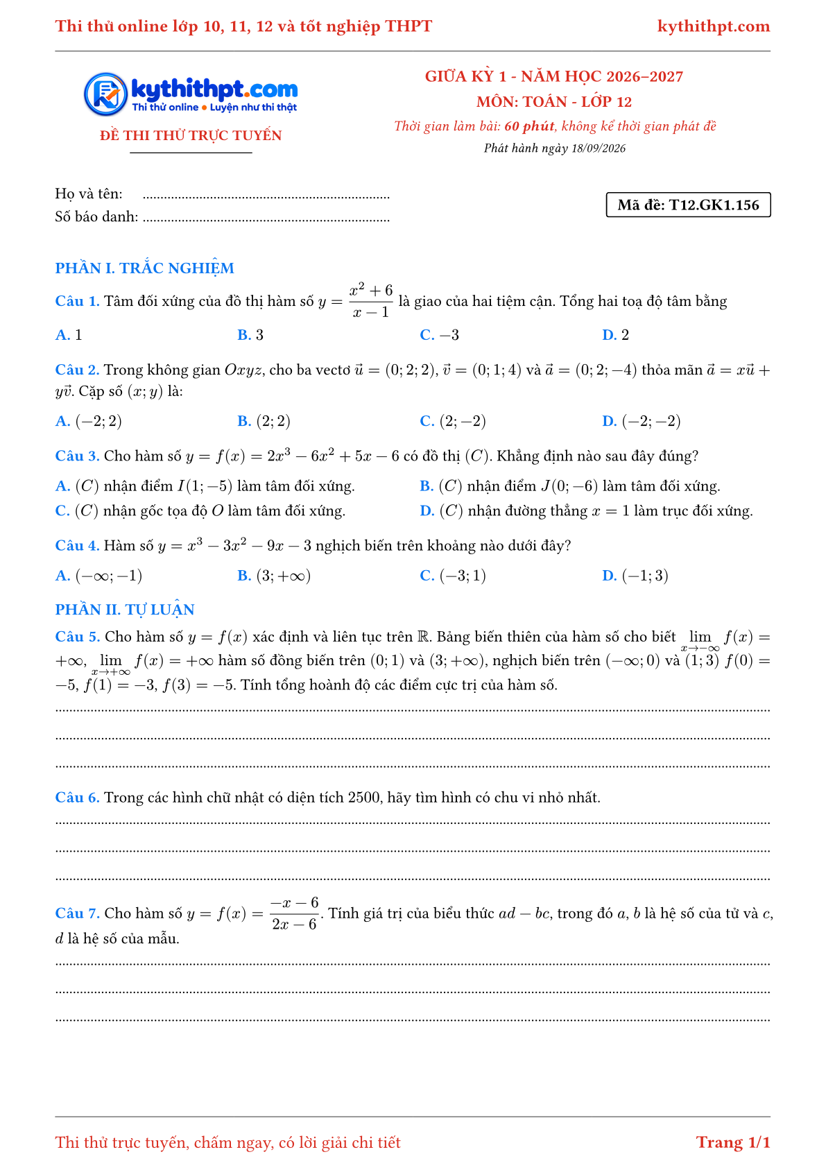 Trang đầu Đề thi thử online giữa kỳ 1 môn Toán lớp 12 - trắc nghiệm + tự luận nâng cao - đề 156