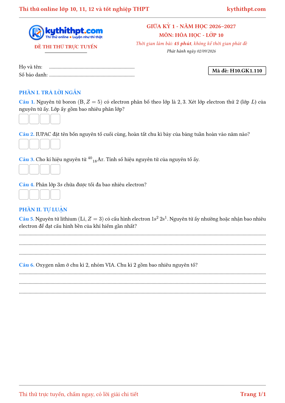 Trang đầu Đề thi thử online giữa kỳ 1 môn Hóa học lớp 10 - trả lời ngắn + tự luận - đề 110