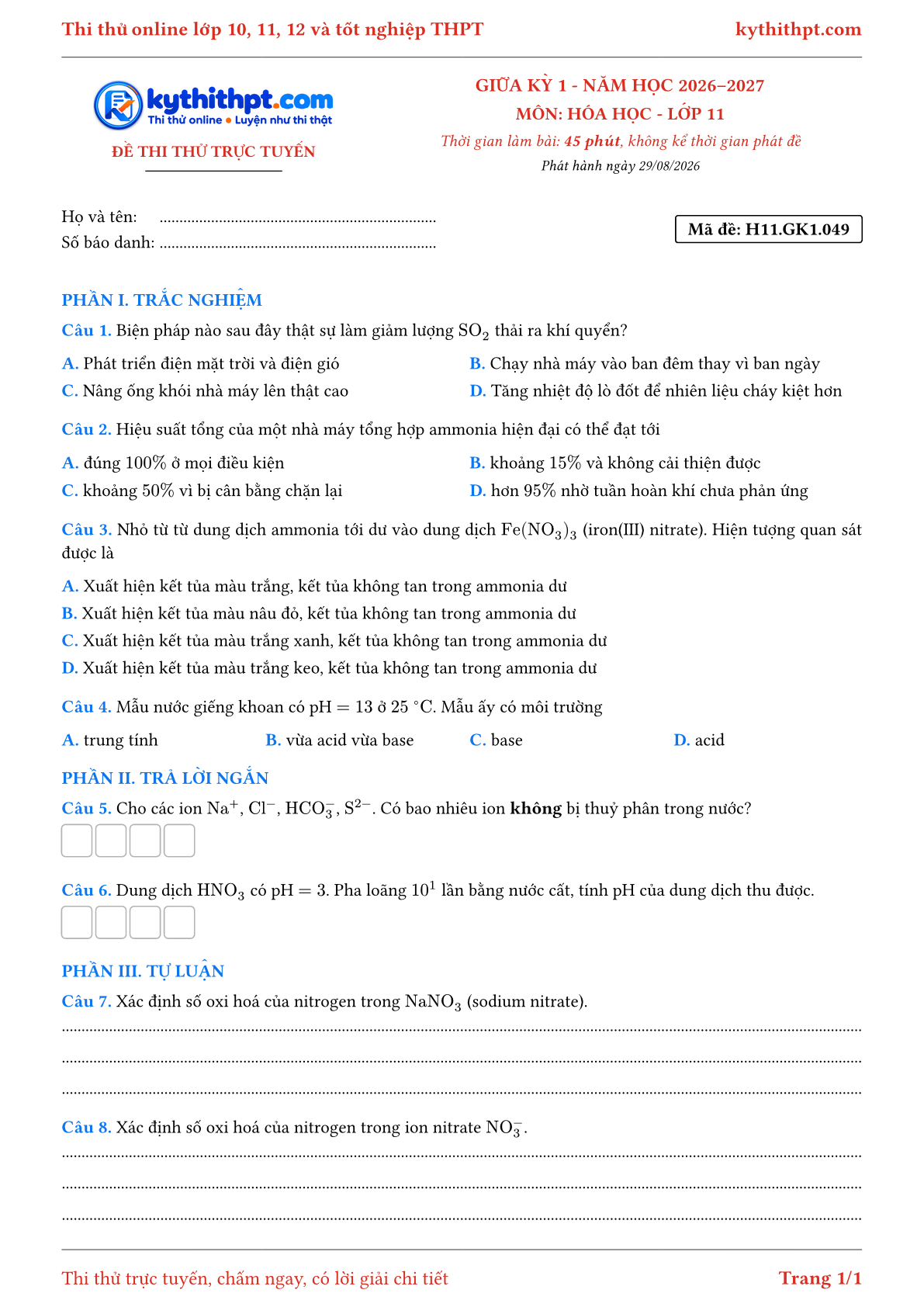 Trang đầu Đề thi thử online giữa kỳ 1 môn Hóa học lớp 11 - trắc nghiệm + trả lời ngắn + tự luận - đề 049