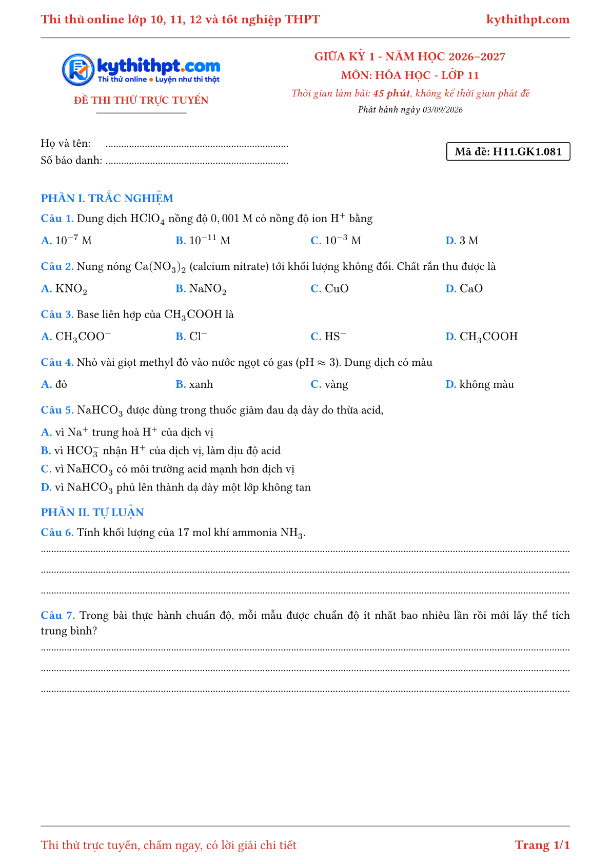 Trang đầu Đề thi thử online giữa kỳ 1 môn Hóa học lớp 11 - trắc nghiệm + tự luận - đề 081