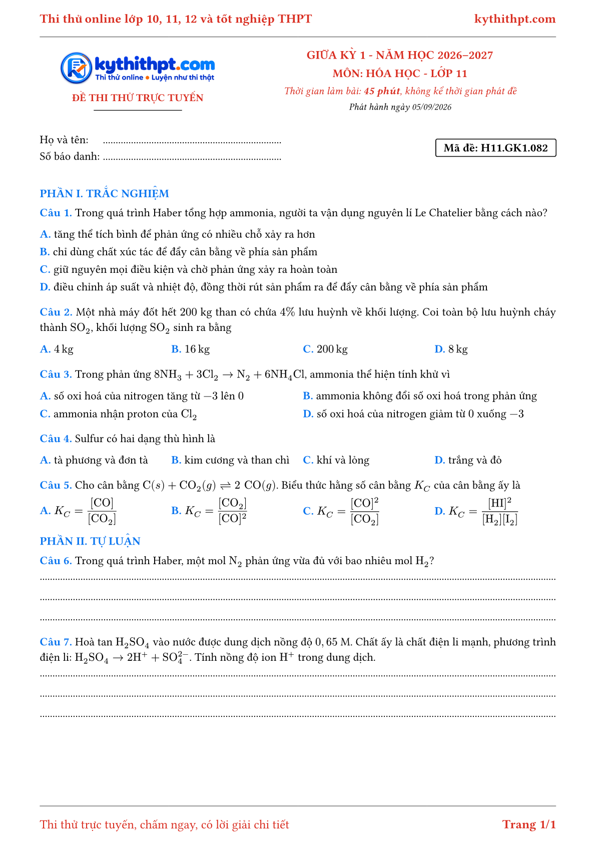 Trang đầu Đề thi thử online giữa kỳ 1 môn Hóa học lớp 11 - trắc nghiệm + tự luận - đề 082