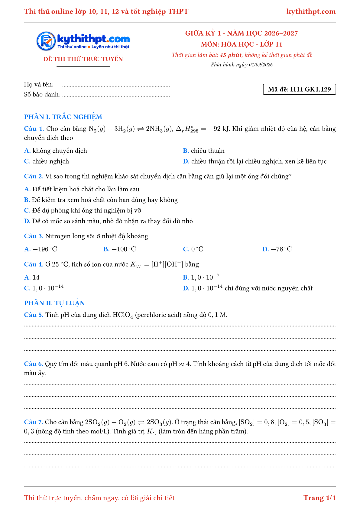 Trang đầu Đề thi thử online giữa kỳ 1 môn Hóa học lớp 11 - trắc nghiệm + tự luận nâng cao - đề 129