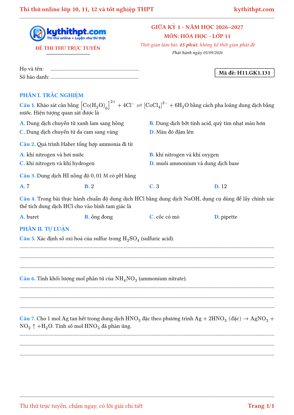 Trang đầu Đề thi thử online giữa kỳ 1 môn Hóa học lớp 11 - trắc nghiệm + tự luận nâng cao - đề 131