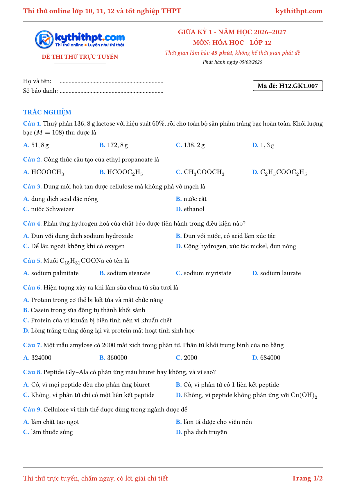 Trang đầu Đề thi thử online giữa kỳ 1 môn Hóa học lớp 12 - full trắc nghiệm - đề 007