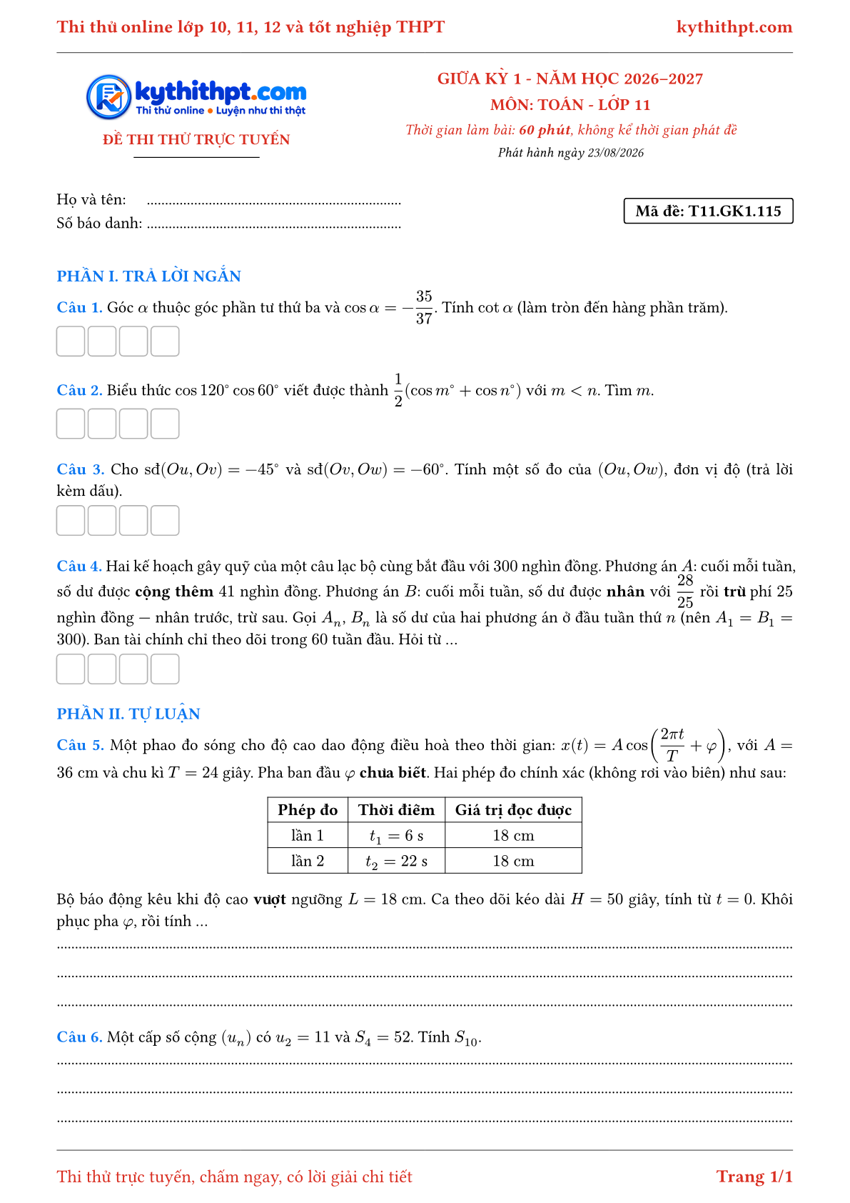 Trang đầu Đề thi thử online giữa kỳ 1 môn Toán lớp 11 - trả lời ngắn + tự luận - đề 118