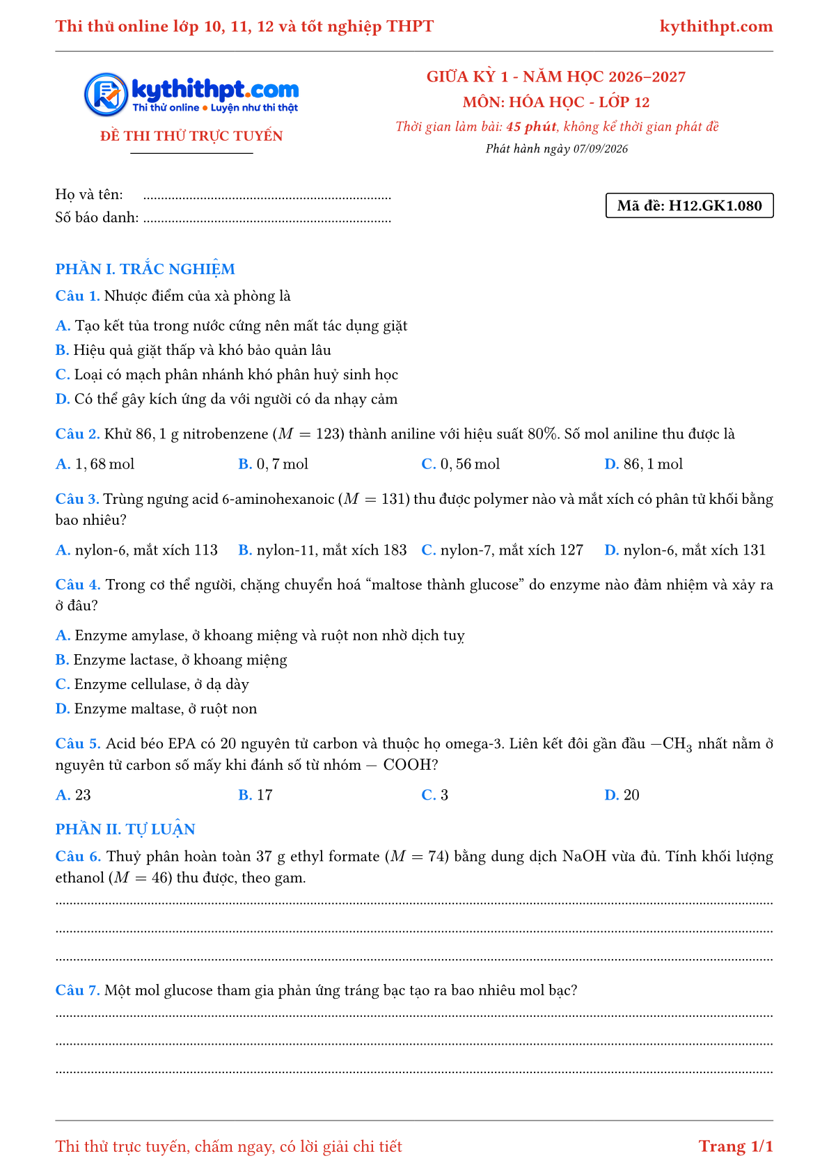 Trang đầu Đề thi thử online giữa kỳ 1 môn Hóa học lớp 12 - trắc nghiệm + tự luận - đề 080