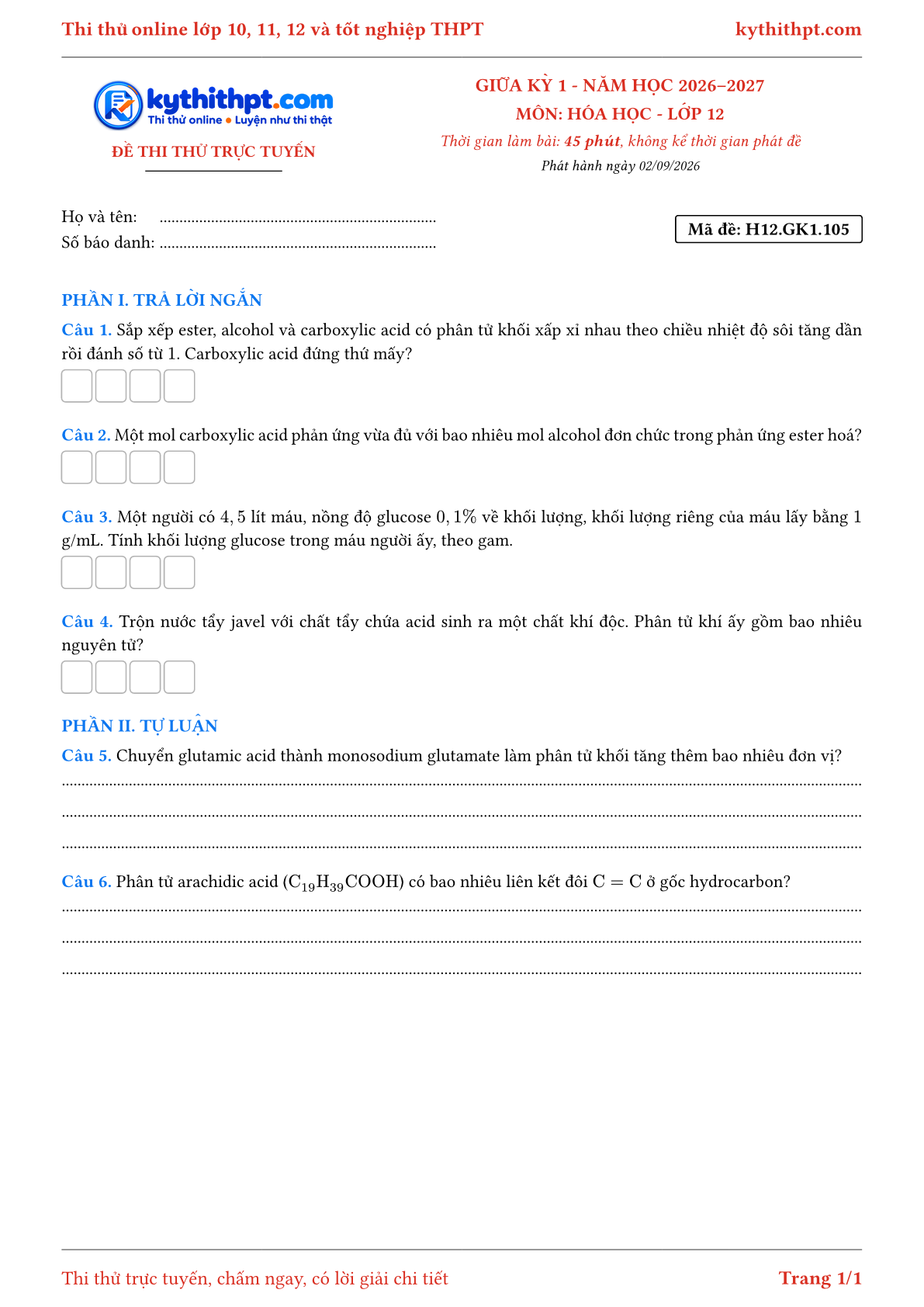 Trang đầu Đề thi thử online giữa kỳ 1 môn Hóa học lớp 12 - trả lời ngắn + tự luận - đề 105