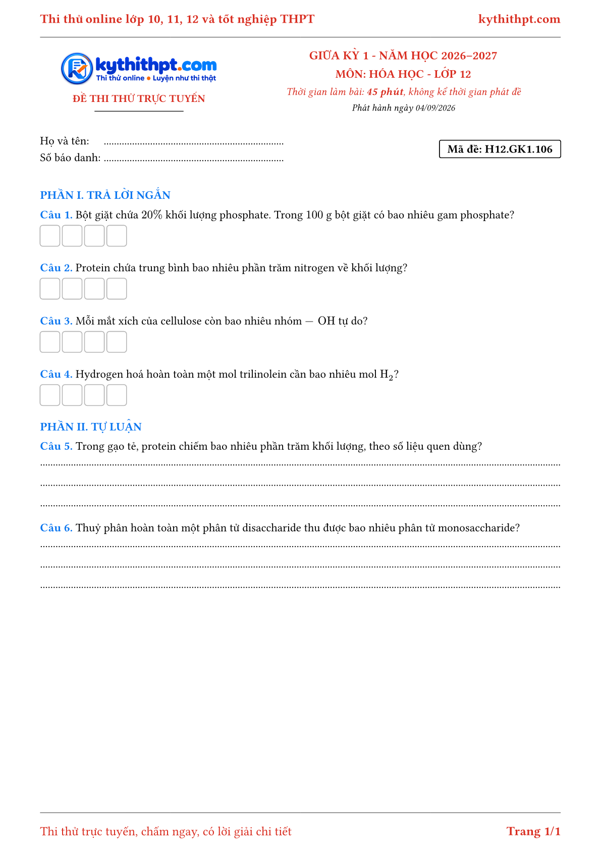Trang đầu Đề thi thử online giữa kỳ 1 môn Hóa học lớp 12 - trả lời ngắn + tự luận - đề 106