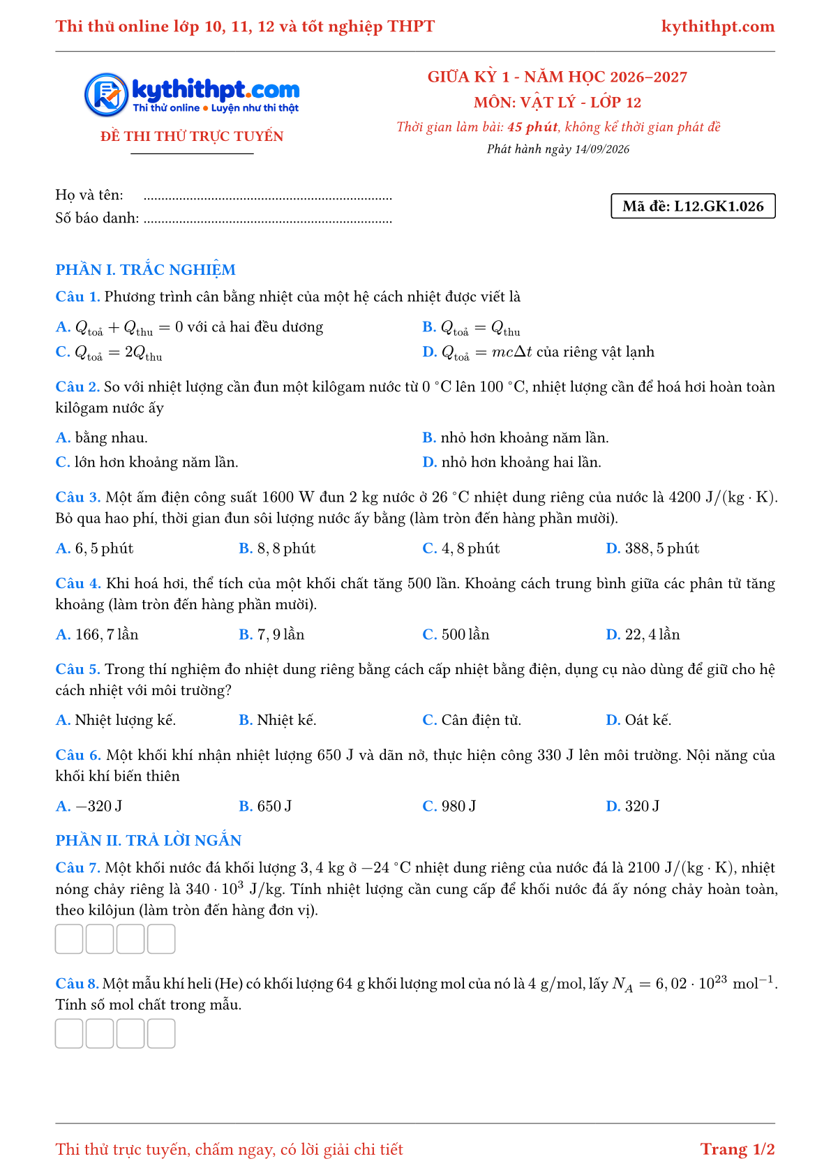 Trang đầu Đề thi thử online giữa kỳ 1 môn Vật lý lớp 12 - trắc nghiệm + trả lời ngắn - đề 026