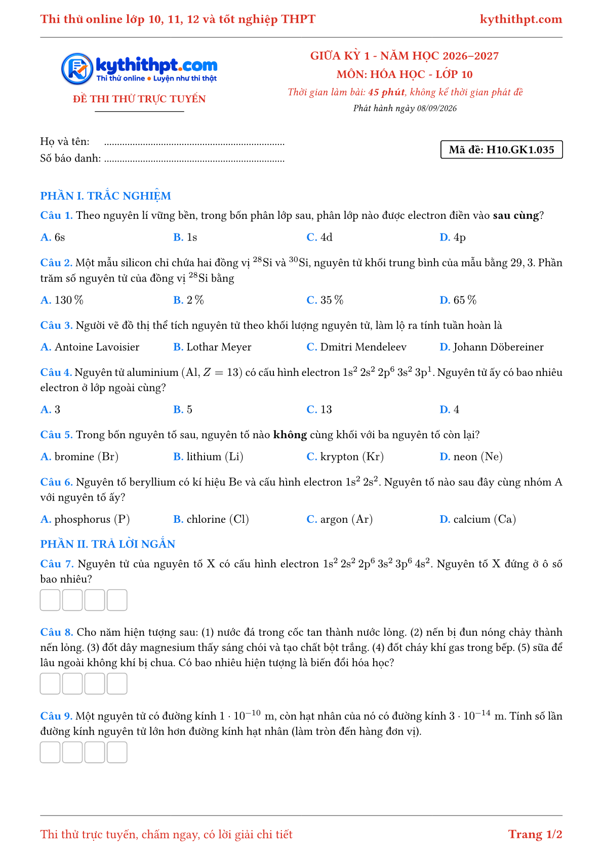 Trang đầu Đề thi thử online giữa kỳ 1 môn Hóa học lớp 10 - trắc nghiệm + trả lời ngắn - đề 035