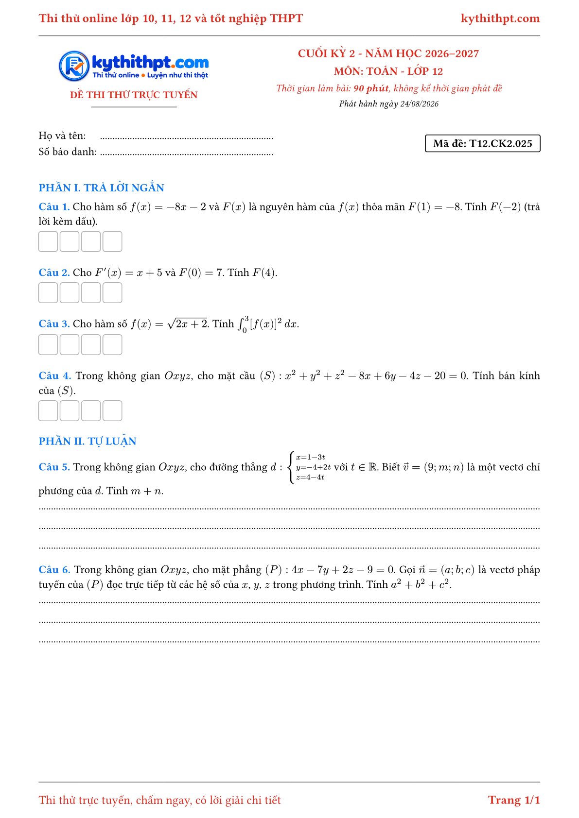 Trang đầu Đề thi thử online cuối kỳ 2 môn Toán lớp 12 - trả lời ngắn + tự luận - đề 025