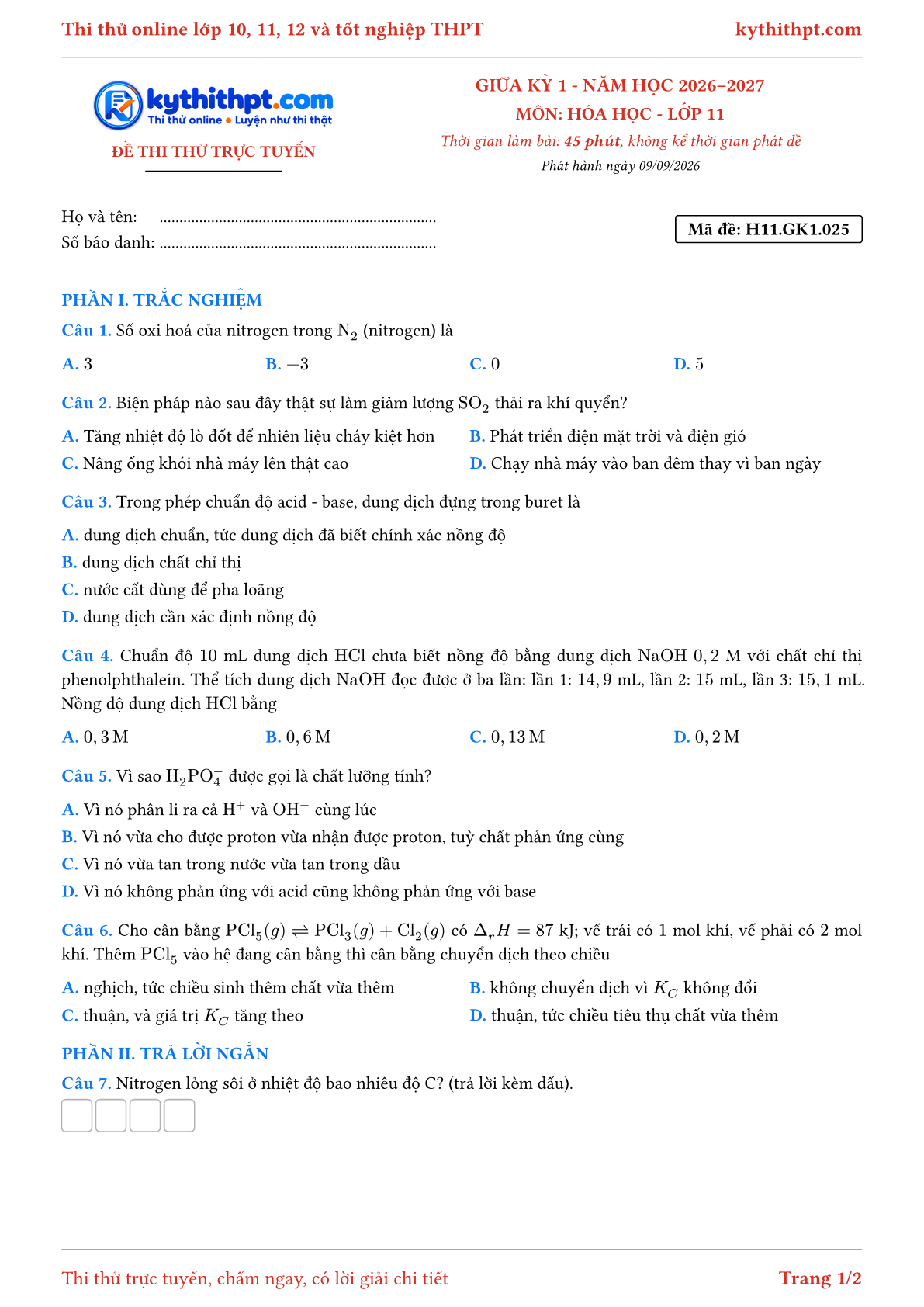 Trang đầu Đề thi thử online giữa kỳ 1 môn Hóa học lớp 11 - trắc nghiệm + trả lời ngắn - đề 025