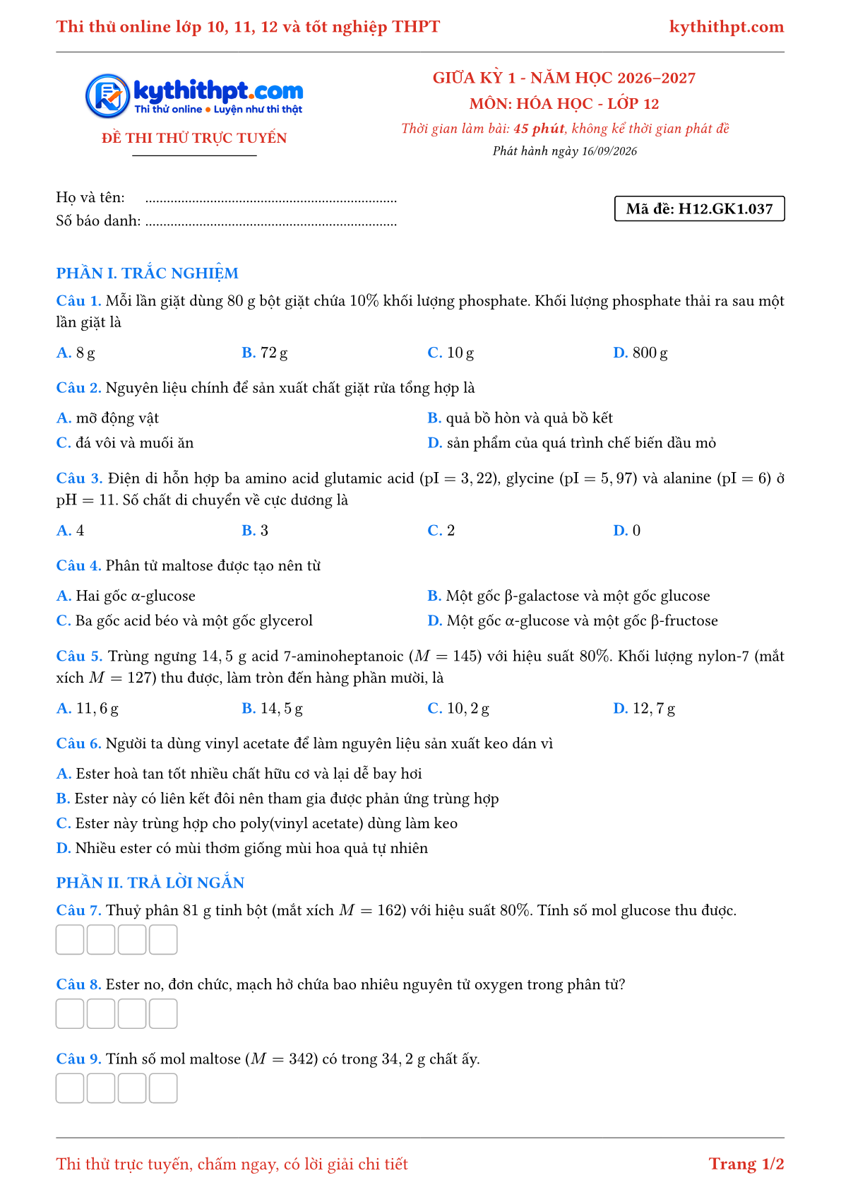 Trang đầu Đề thi thử online giữa kỳ 1 môn Hóa học lớp 12 - trắc nghiệm + trả lời ngắn - đề 037