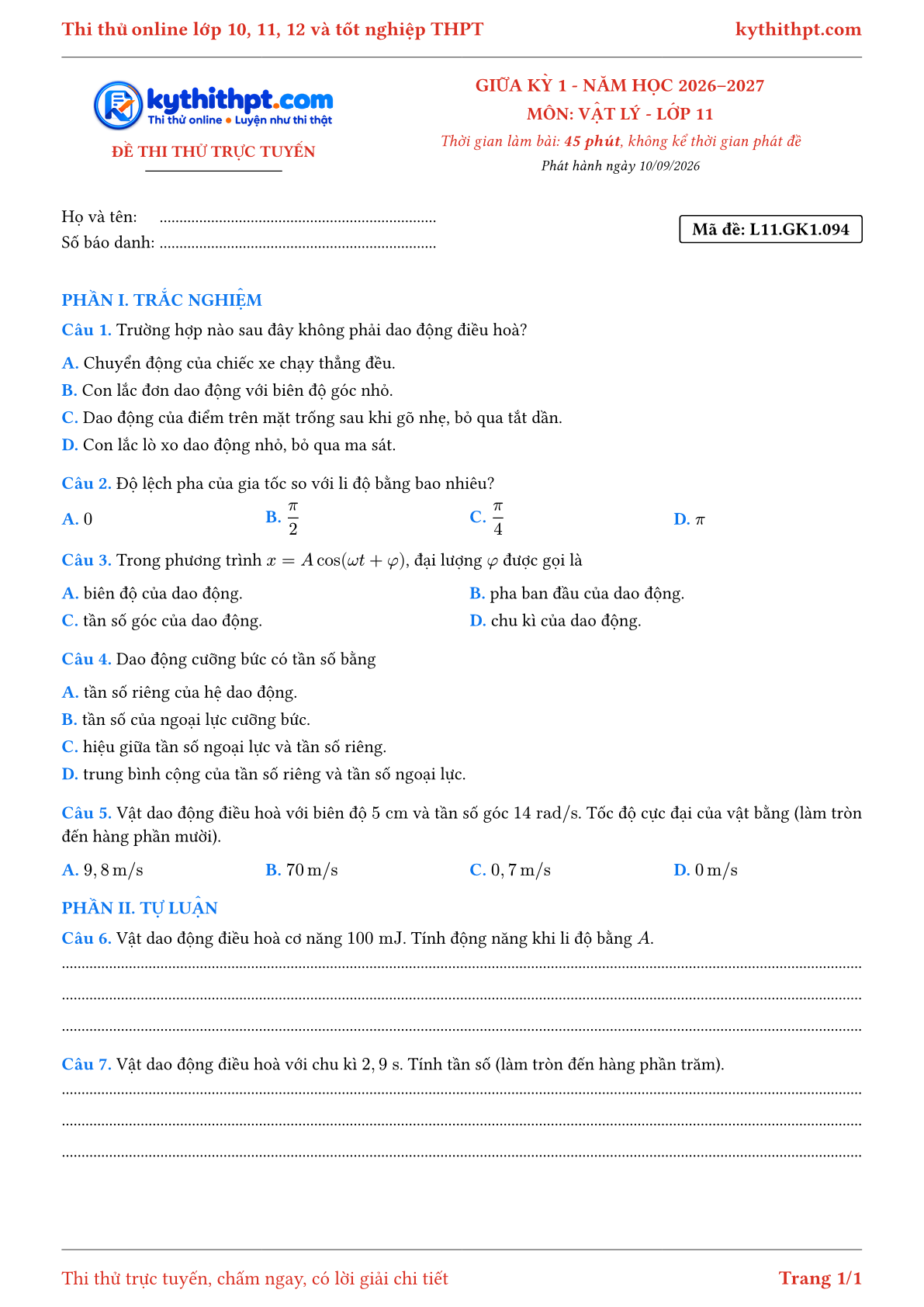 Trang đầu Đề thi thử online giữa kỳ 1 môn Vật lý lớp 11 - trắc nghiệm + tự luận - đề 094