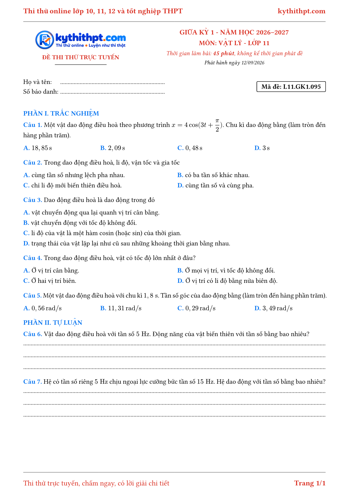 Trang đầu Đề thi thử online giữa kỳ 1 môn Vật lý lớp 11 - trắc nghiệm + tự luận - đề 095