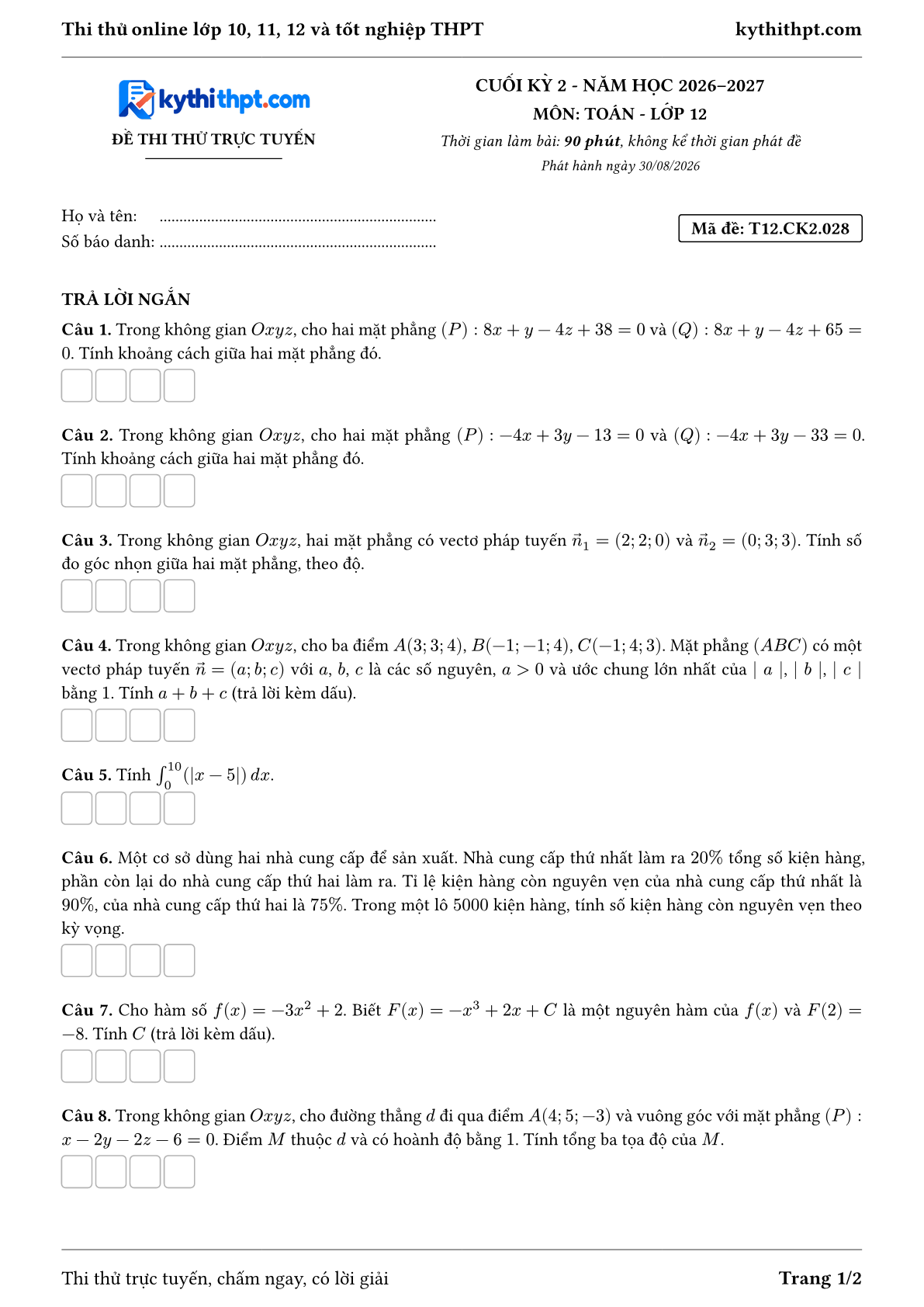 Trang đầu Đề thi thử online cuối kỳ 2 môn Toán lớp 12 - full trả lời ngắn - đề 028