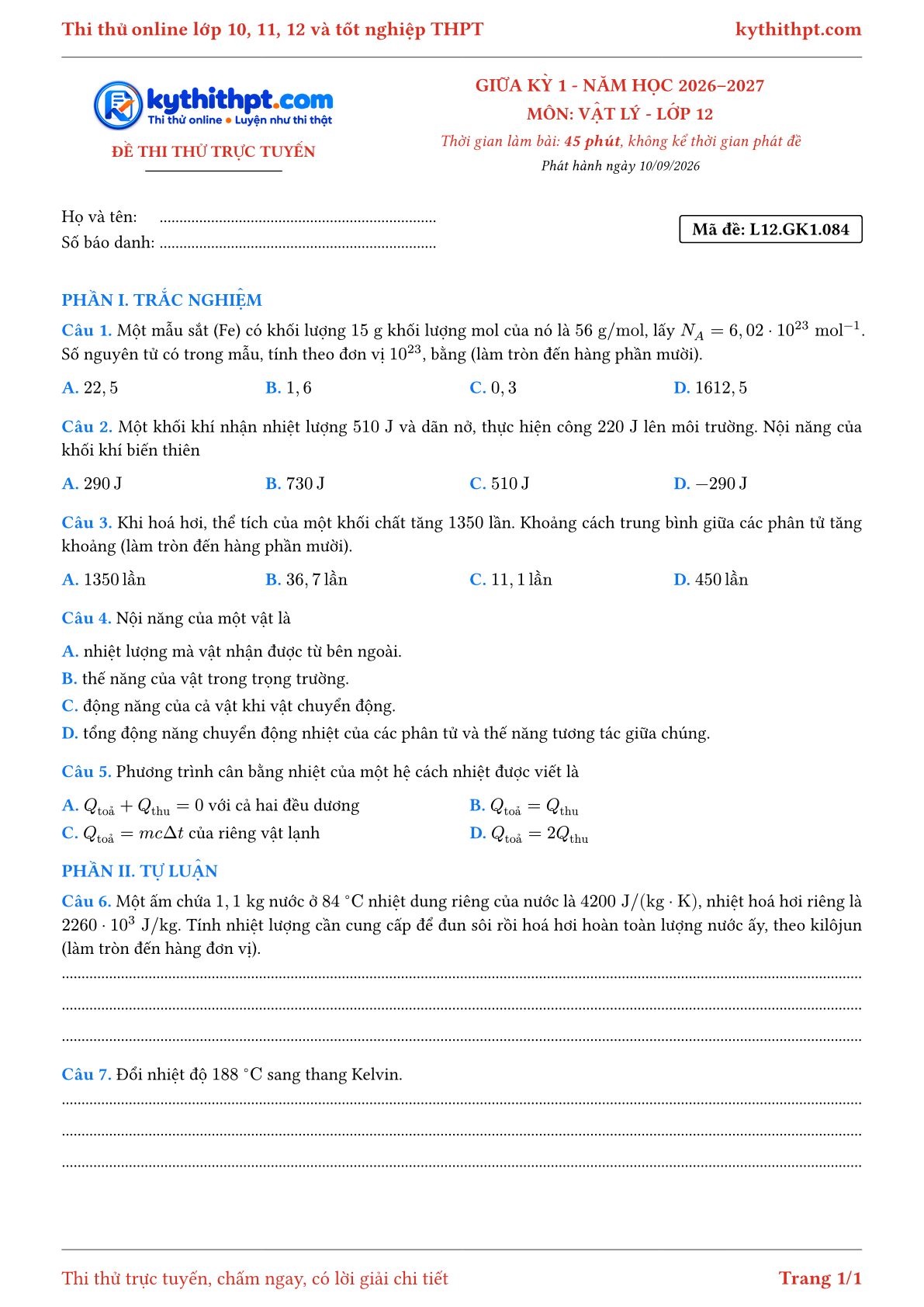 Trang đầu Đề thi thử online giữa kỳ 1 môn Vật lý lớp 12 - trắc nghiệm + tự luận - đề 084