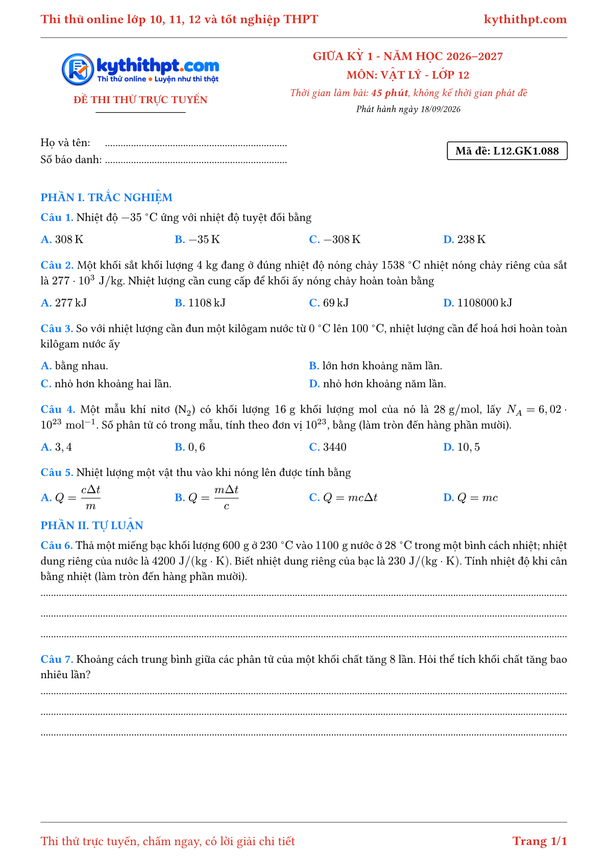 Trang đầu Đề thi thử online giữa kỳ 1 môn Vật lý lớp 12 - trắc nghiệm + tự luận - đề 088