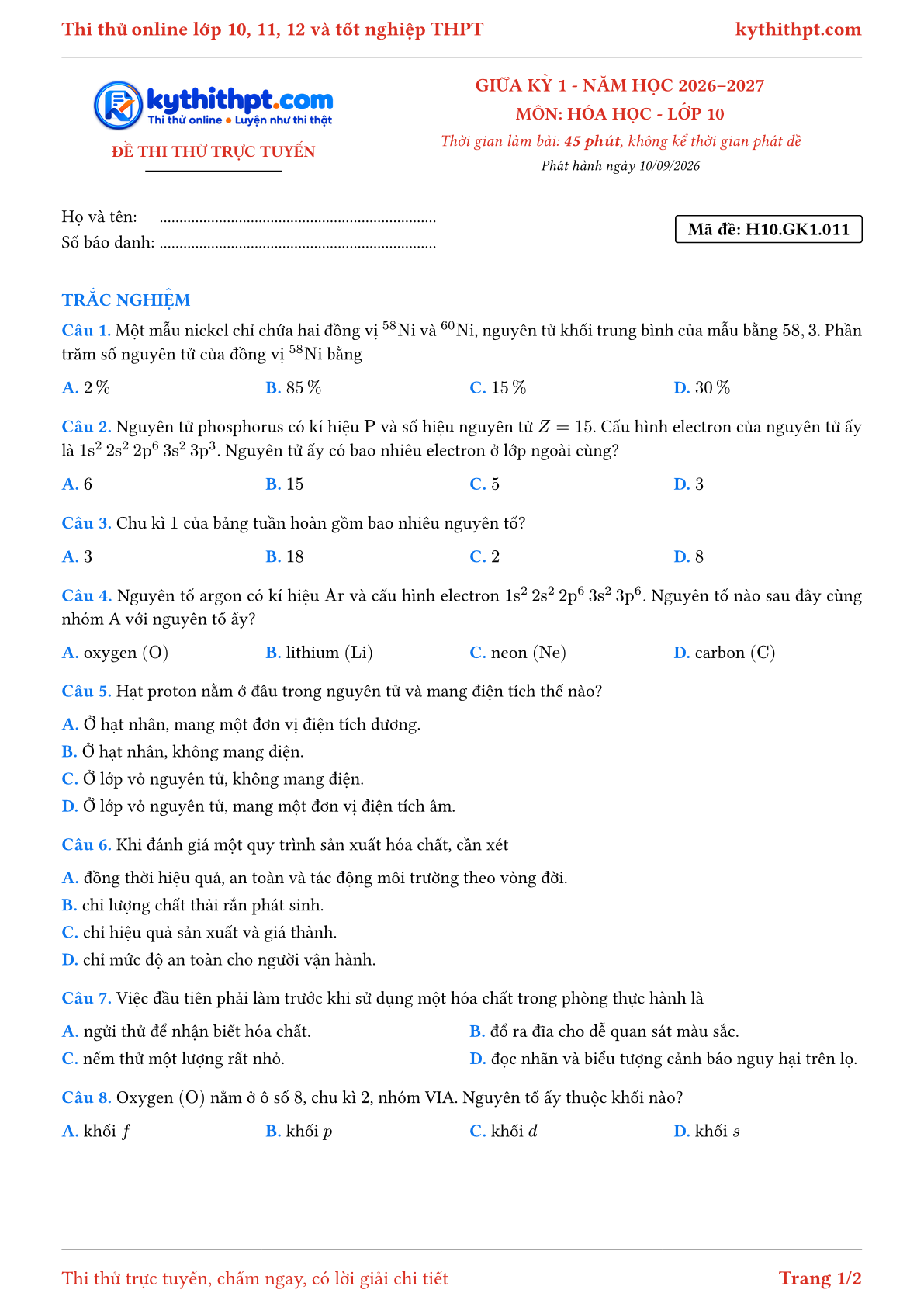 Trang đầu Đề thi thử online giữa kỳ 1 môn Hóa học lớp 10 - full trắc nghiệm - đề 011