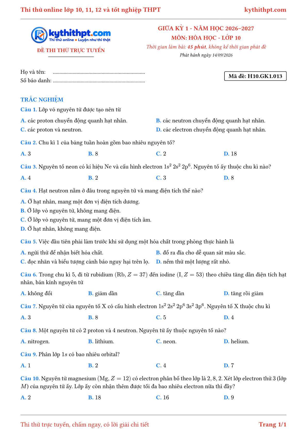 Trang đầu Đề thi thử online giữa kỳ 1 môn Hóa học lớp 10 - full trắc nghiệm - đề 013