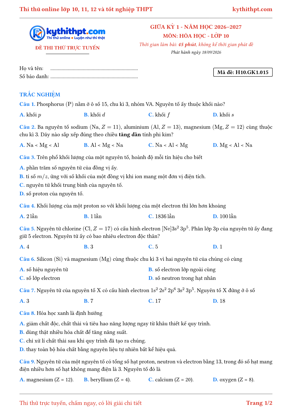 Trang đầu Đề thi thử online giữa kỳ 1 môn Hóa học lớp 10 - full trắc nghiệm - đề 015
