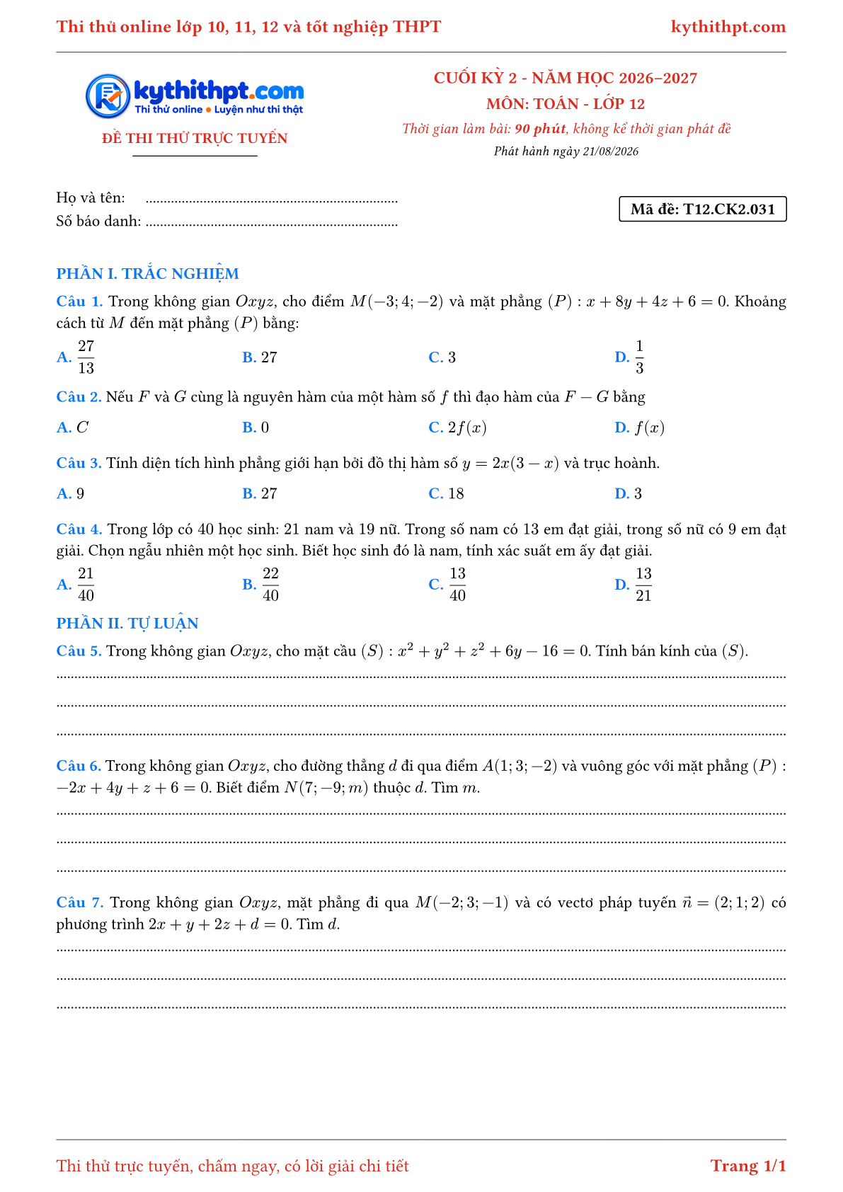 Trang đầu Đề thi thử online cuối kỳ 2 môn Toán lớp 12 - trắc nghiệm + tự luận nâng cao - đề 031