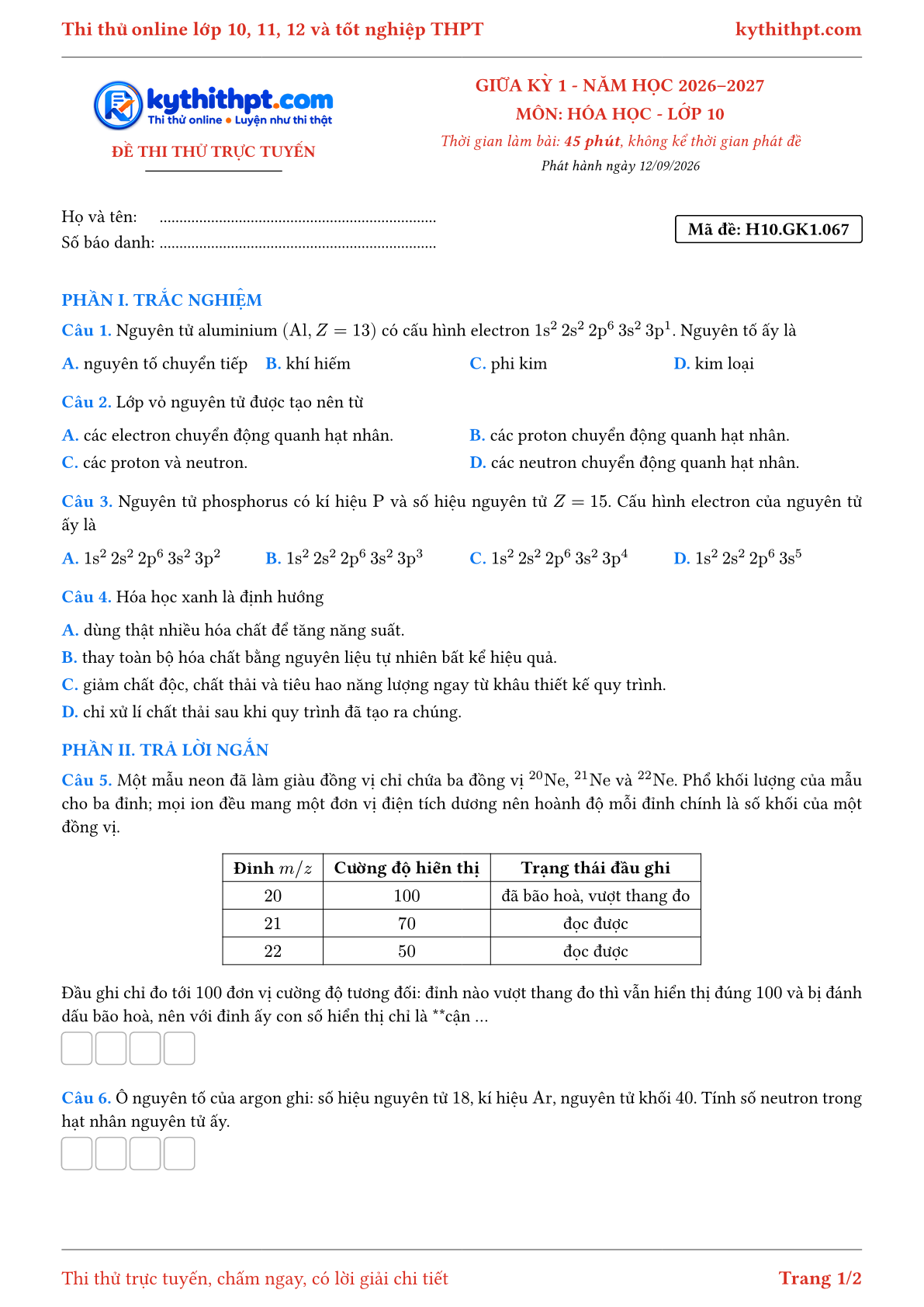 Trang đầu Đề thi thử online giữa kỳ 1 môn Hóa học lớp 10 - trắc nghiệm + trả lời ngắn + tự luận - đề 067