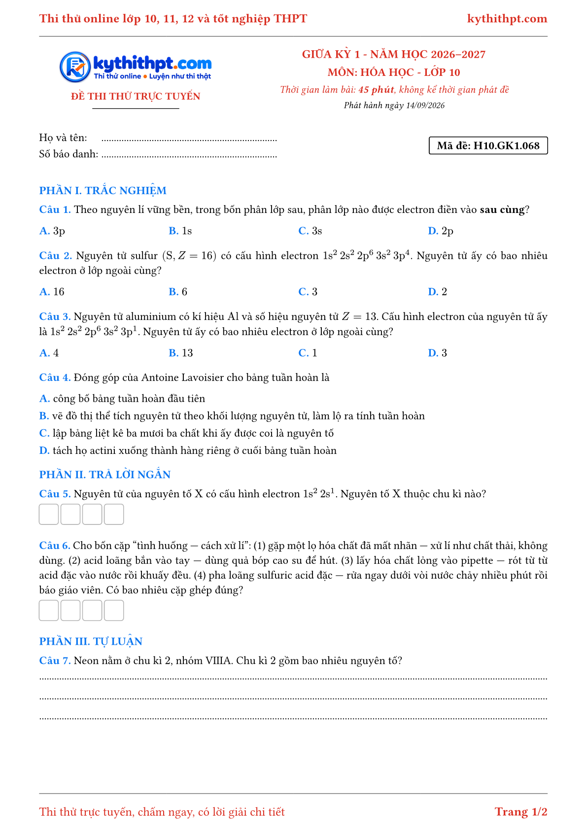 Trang đầu Đề thi thử online giữa kỳ 1 môn Hóa học lớp 10 - trắc nghiệm + trả lời ngắn + tự luận - đề 068