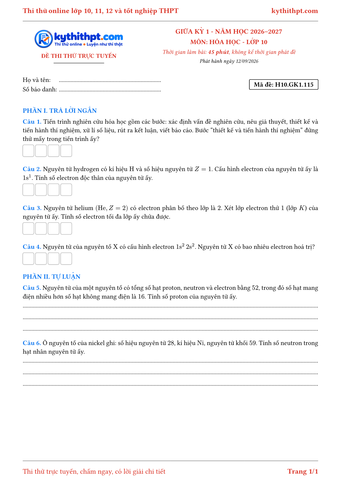 Trang đầu Đề thi thử online giữa kỳ 1 môn Hóa học lớp 10 - trả lời ngắn + tự luận - đề 115
