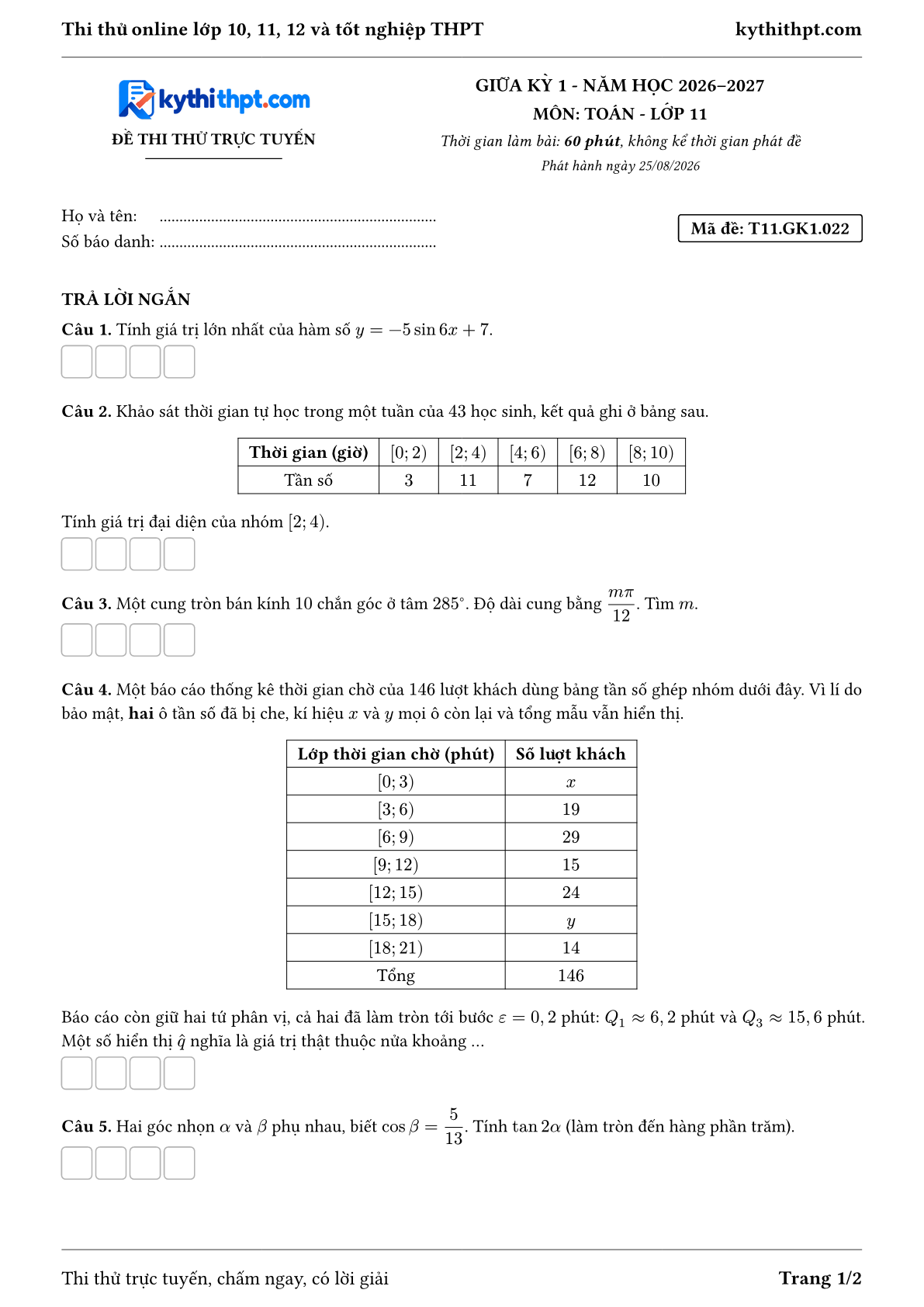 Trang đầu Đề thi thử online giữa kỳ 1 môn Toán lớp 11 - full trả lời ngắn - đề 022